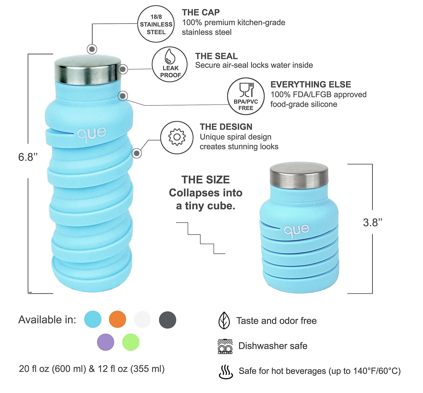 que Bottle - Fashionable & Collapsible 12oz Water Bottle (Glacier White)