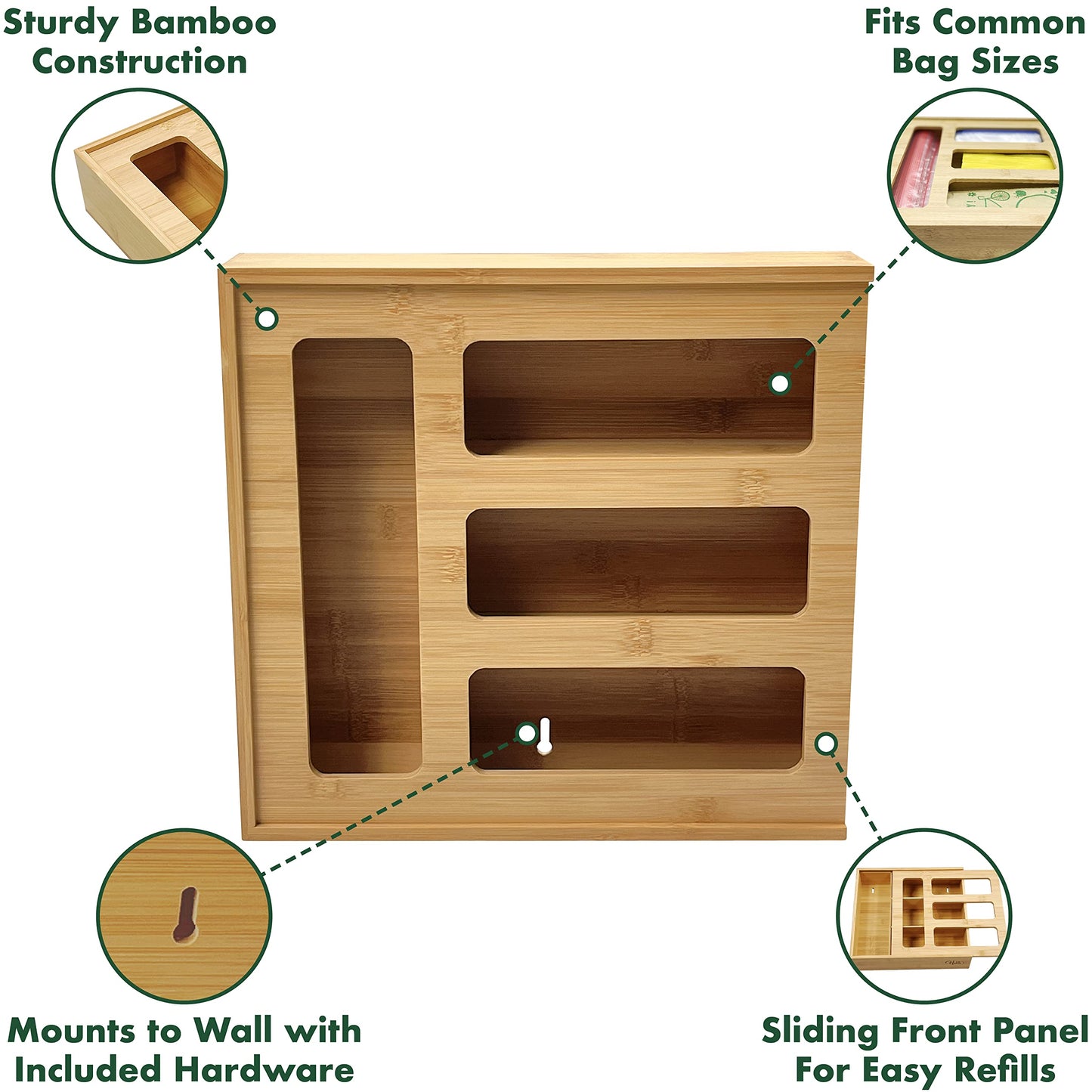 HELIA Bamboo Zip Storage Bag Organizer for Kitchen Drawer and Wall Mount | Solid Bamboo Food Storage Bag Holder | Plastic Bag Organizer for Sandwich…