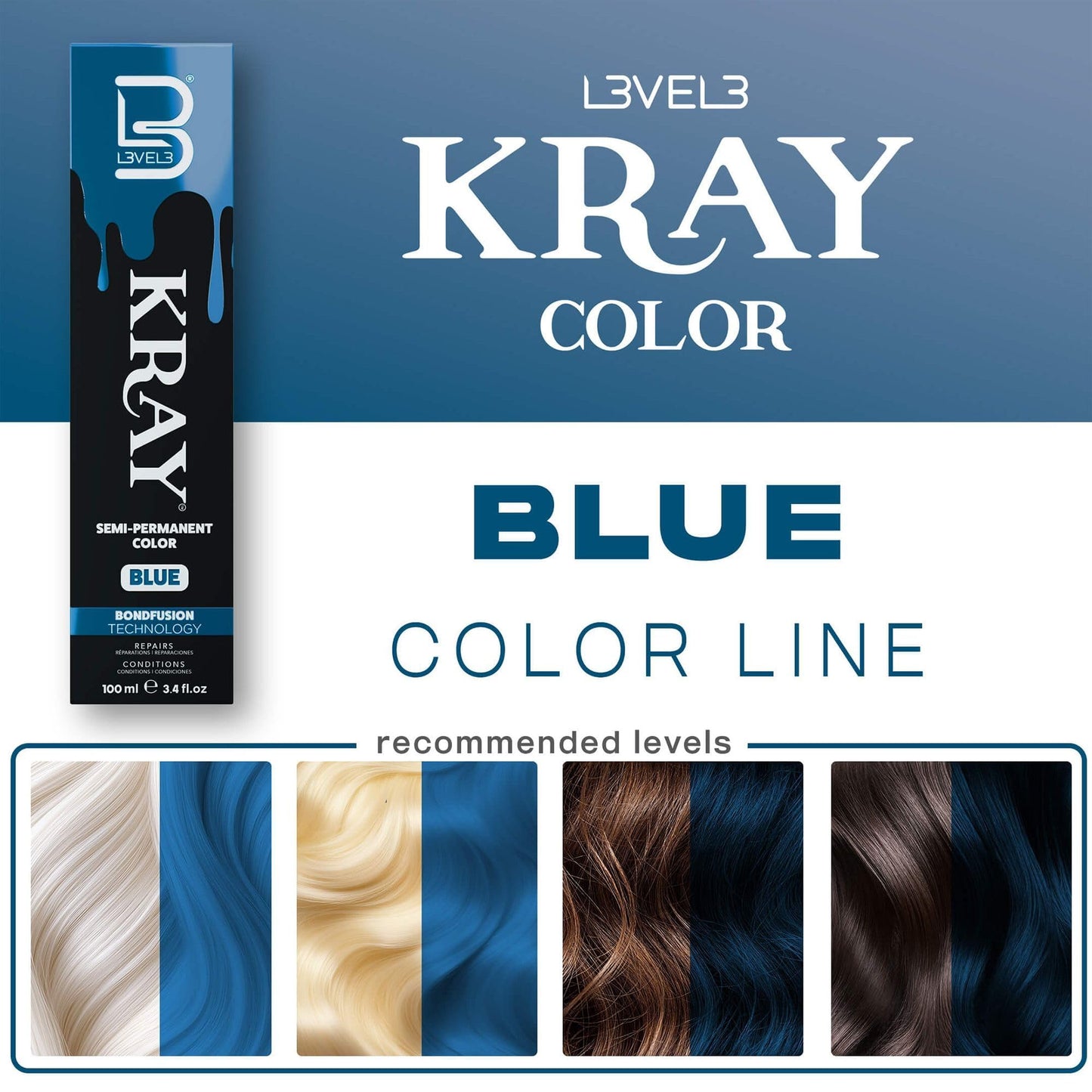 L3 - Level 3 Kray Semi Permanent Hair Color - Semi Permanent Hair Dye with Aloe Vera - Blue
