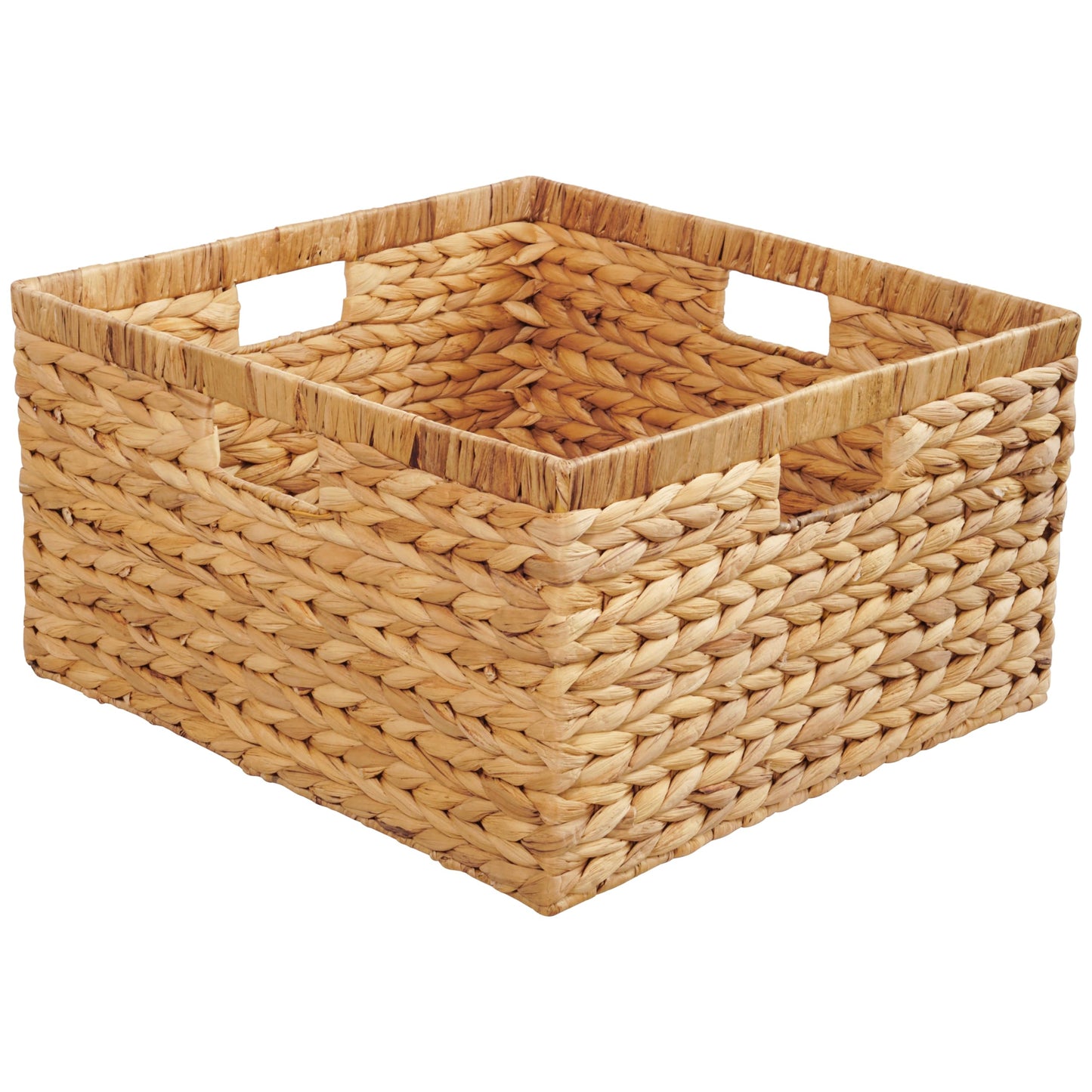 Large 14.5” x 13.5” x 8” (Set of 3) Natural Water Hyacinth Woven Storage Baskets, Rectangular Wicker Basket with Built-in Handles, Large (Natural)
