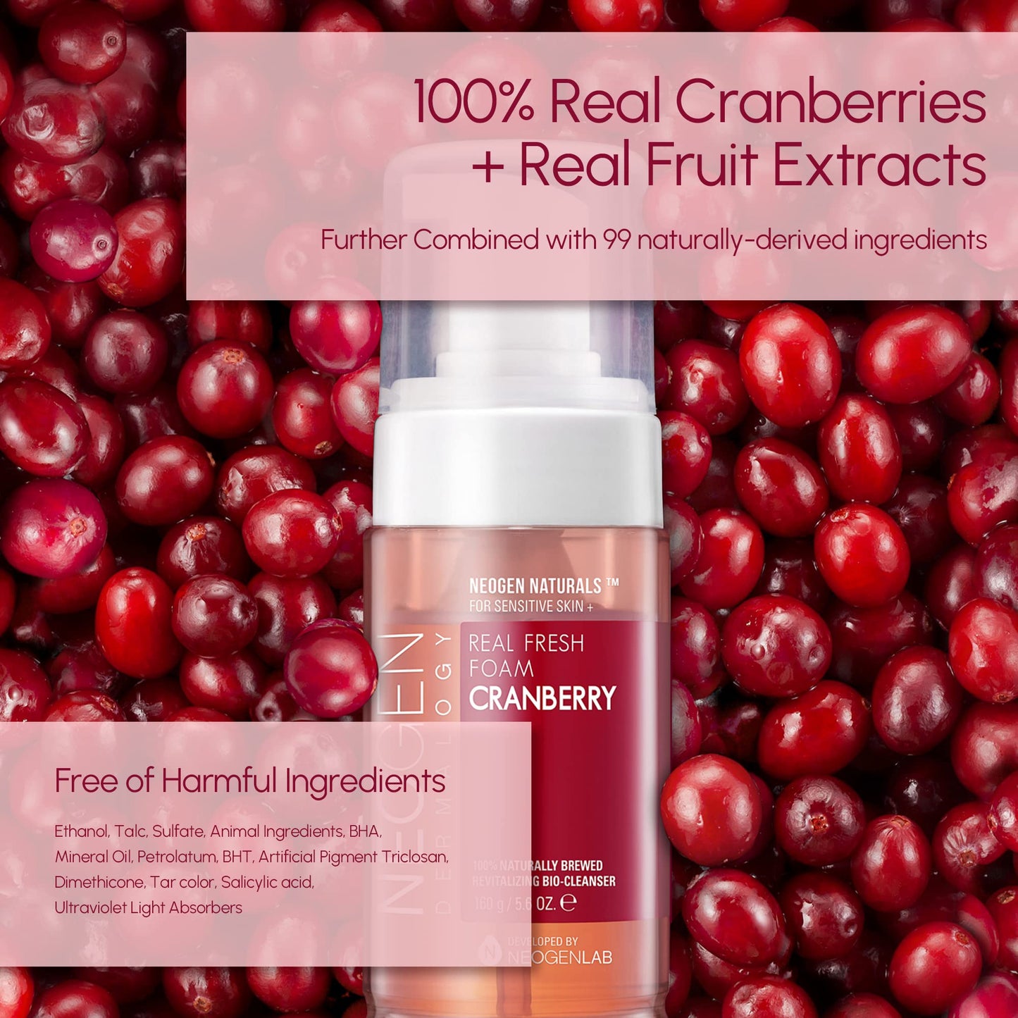 DERMALOGY by NEOGENLAB Real Fresh Foam Cleanser, Cranberry 5.6 Fl Oz (160g) - Revitalizing & Hydrating Gentle Cleansing Foam with Real Cranberries