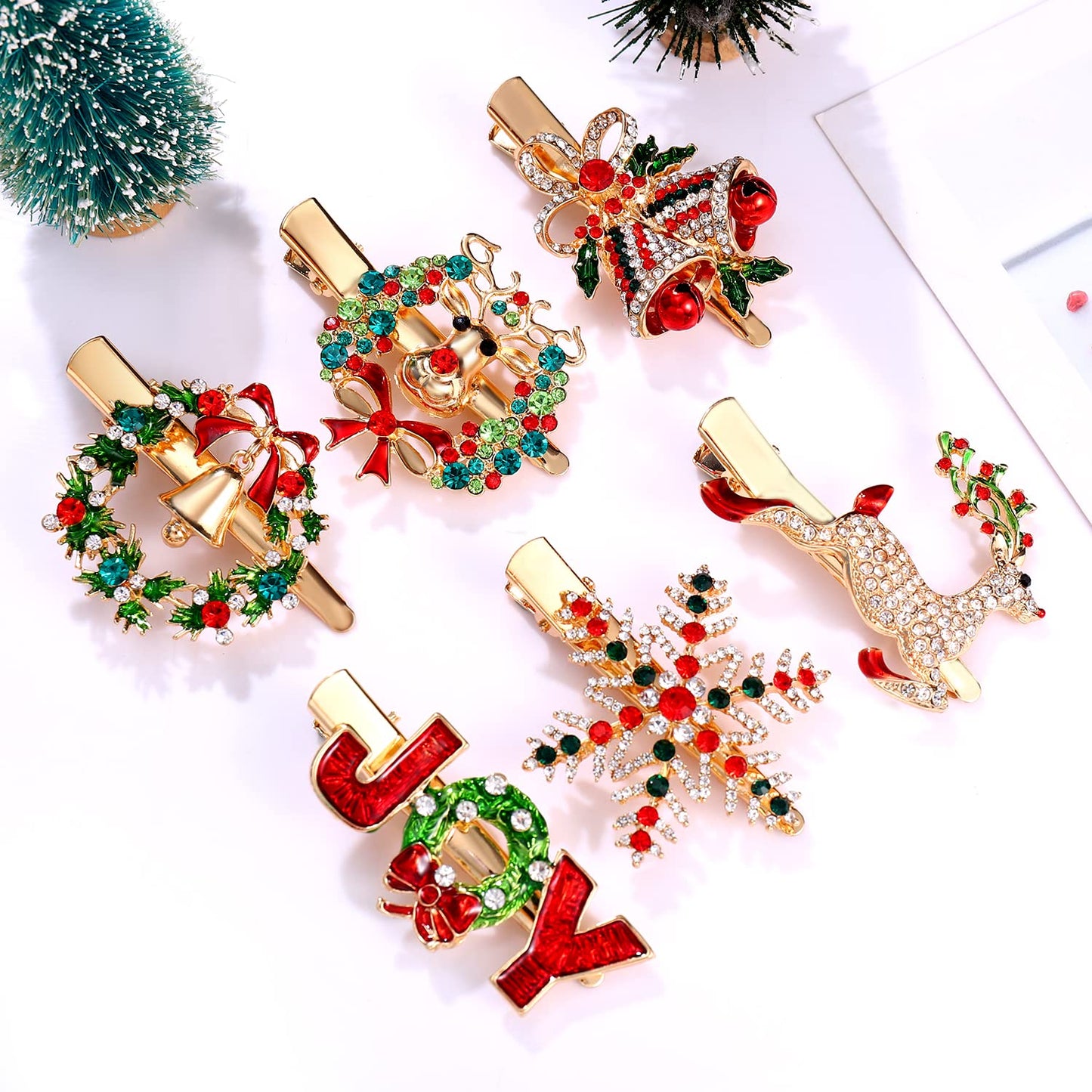 6PCS Christmas Hair Clips for Women Xmas Snowflake Wreath Reindeer Bell Hairpins Rhinestone Holiday Hair Barrettes Festive Costume Hair Accessory