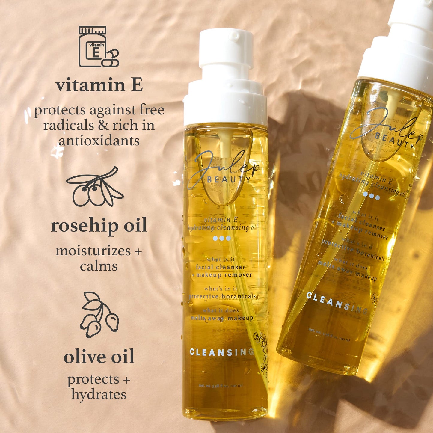 Julep Vitamin E Hydrating Cleansing Oil and Makeup Remover - Face Wash for Normal to Dry Sensitive Skin - 3.38 Fl Oz - Rosehip and Olive Oil Face