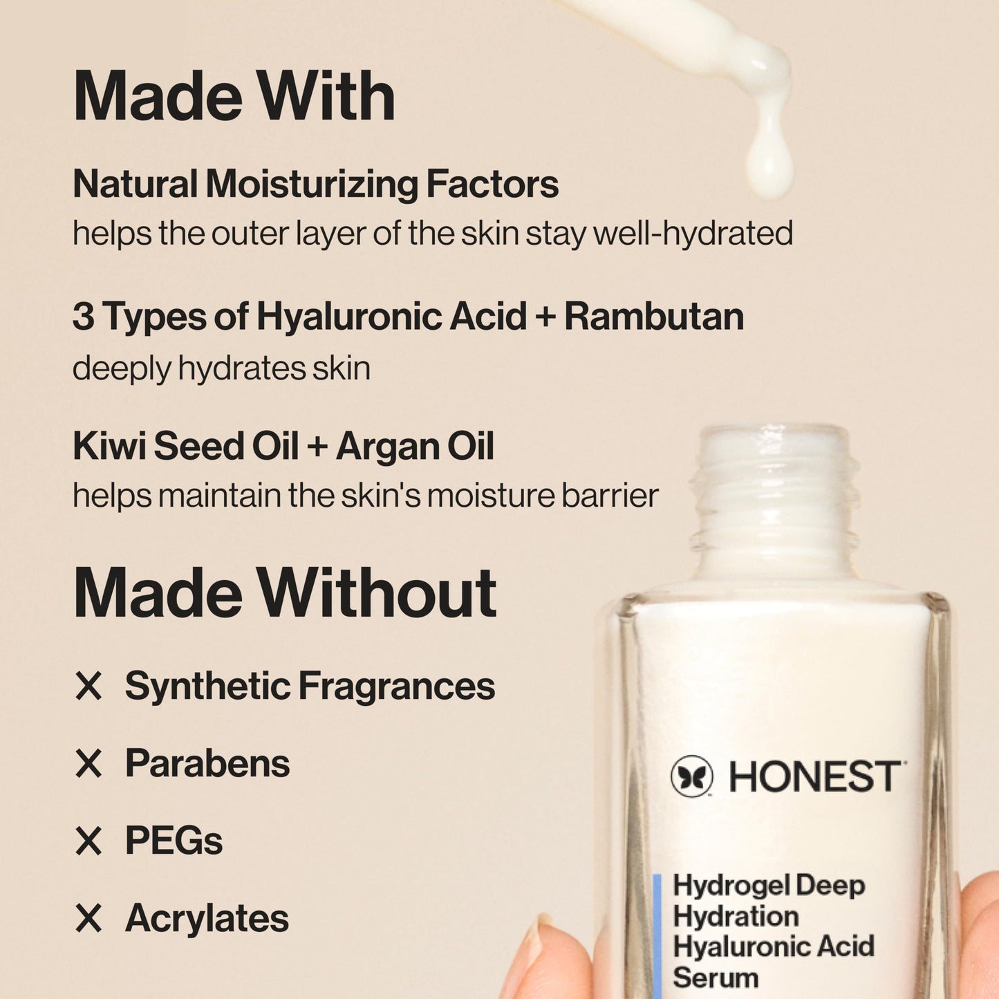 Honest Beauty Hydrogel Deep Hydration Hyaluronic Acid Serum, Moisturizes Plumps, Hypoallergenic, Fragrance-Free, Vegan, Gentle for Sensitive Skin, 1
