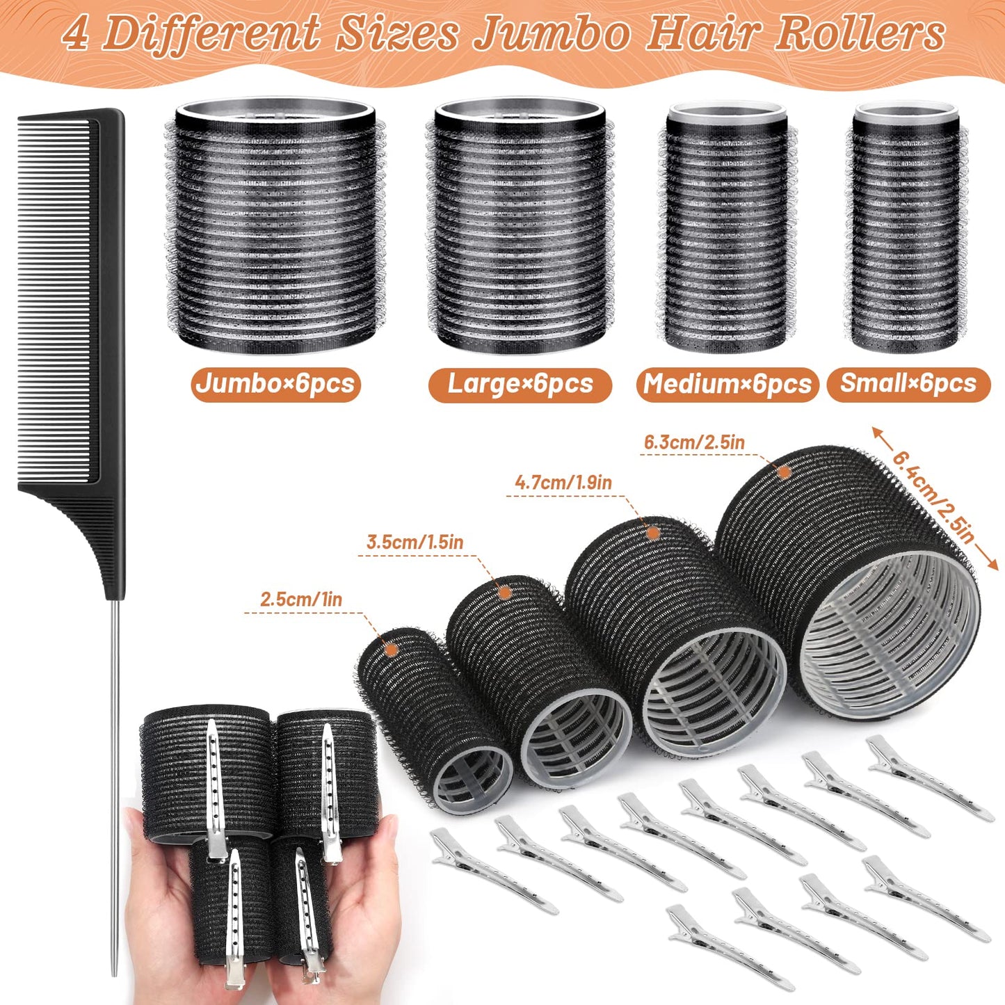 Hair Curler Rollers for Women 24PCS Heatless Hair Roller with 12PCS Clips, 4 Sizes(Jumbo Large Medium Small)Self Grip Holding Hair Rollers for Long Beauty and Personal Care Cludoo