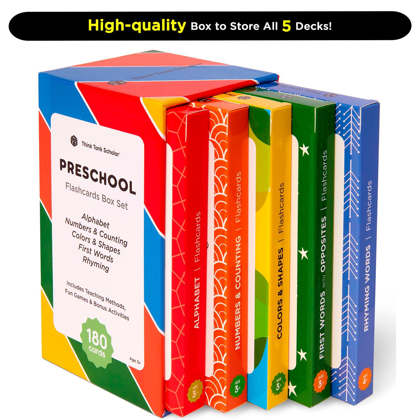 Award-Winning Preschool & Kindergarten Flash Cards | 5-Deck Set with 180 Jumbo Cards | Learn Alphabet, Numbers, Colors, Shapes & More Ages 2–5