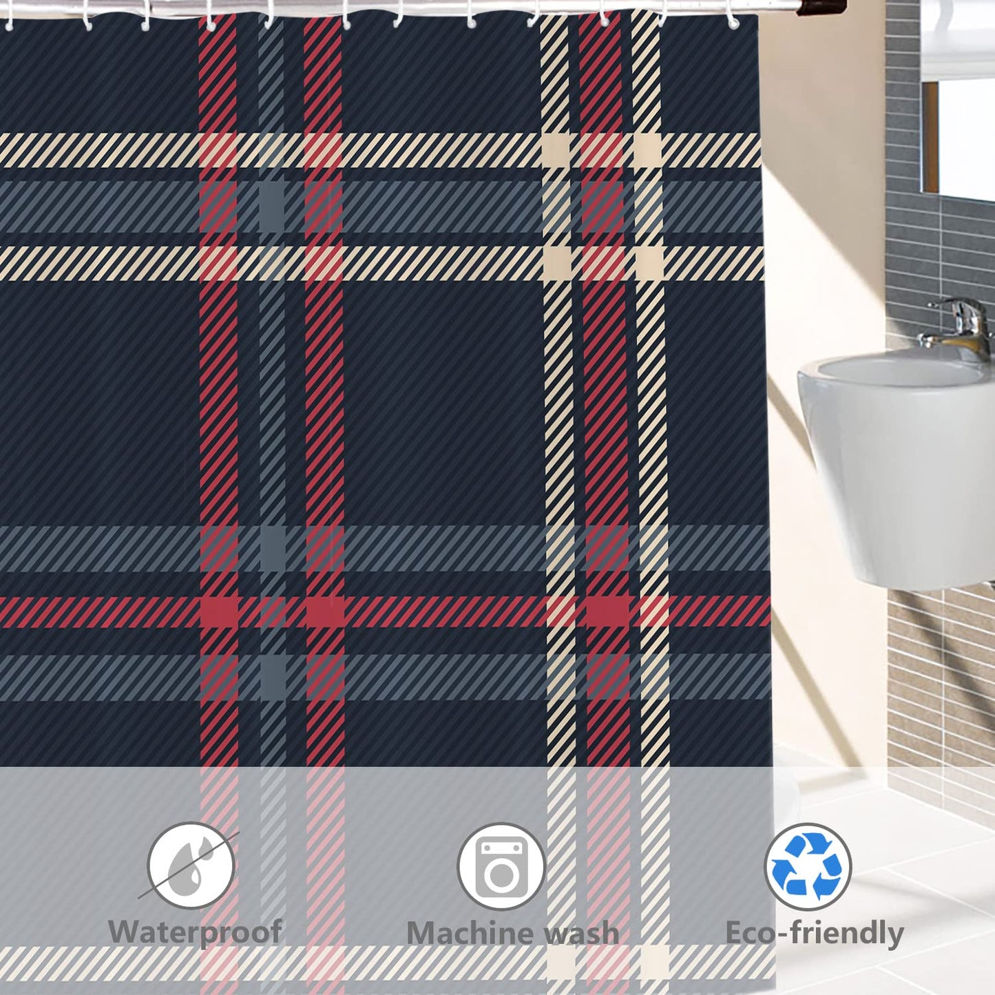 BaoNews Christmas Fashion Blue Decorative Shower Curtain, Blue Check Tartan Plaid Pattern Red Abstract BritainDecor Shower Curtain for Shower Stall…