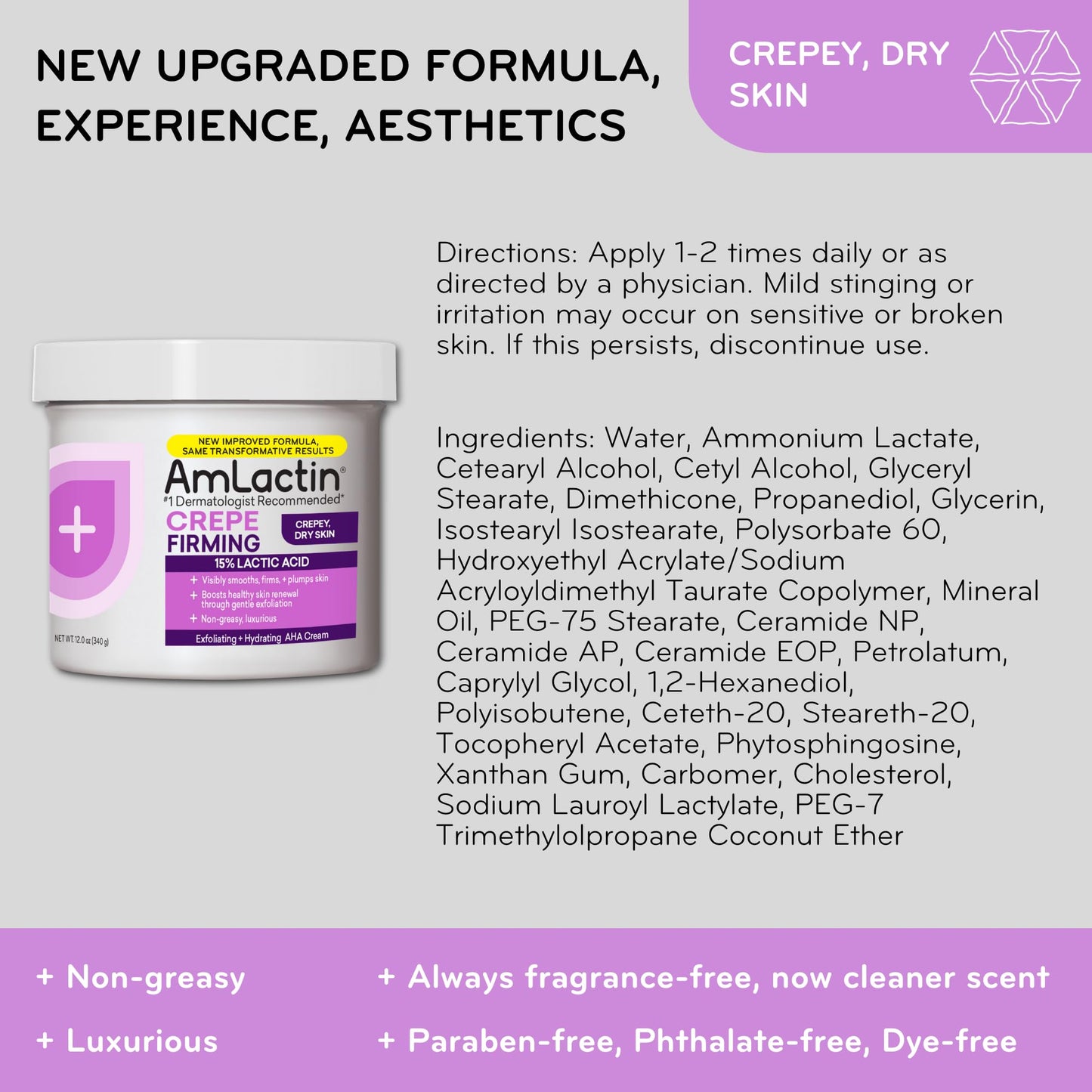 AmLactin Crepe Firming Cream - 12 oz Body Cream with 15% Lactic Acid - Exfoliator and Moisturizer for Crepey, Dry Skin (Packaging May Vary)