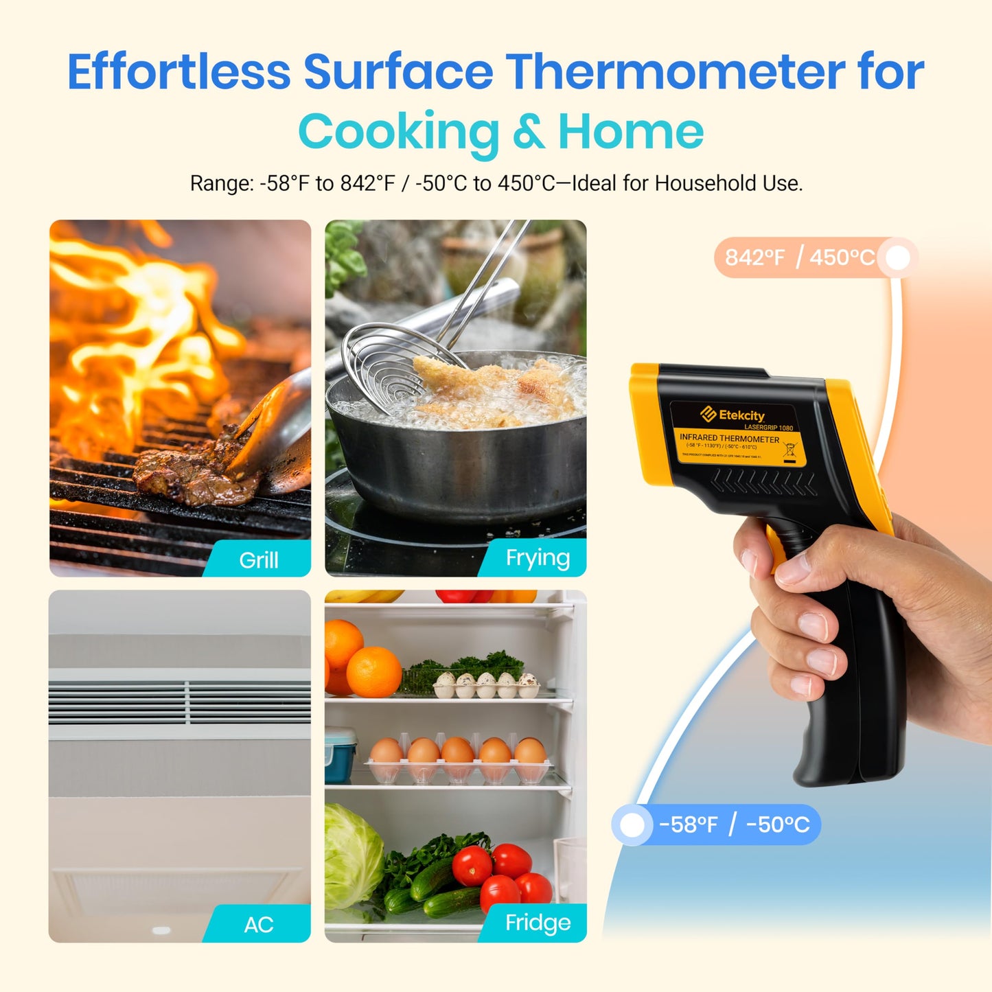 Etekcity Infrared Thermometer 774 โ Laser Temp Gun for Cooking, Meat, Candy, Oven, Griddle, Fridge, and Heat Tools, Yellow