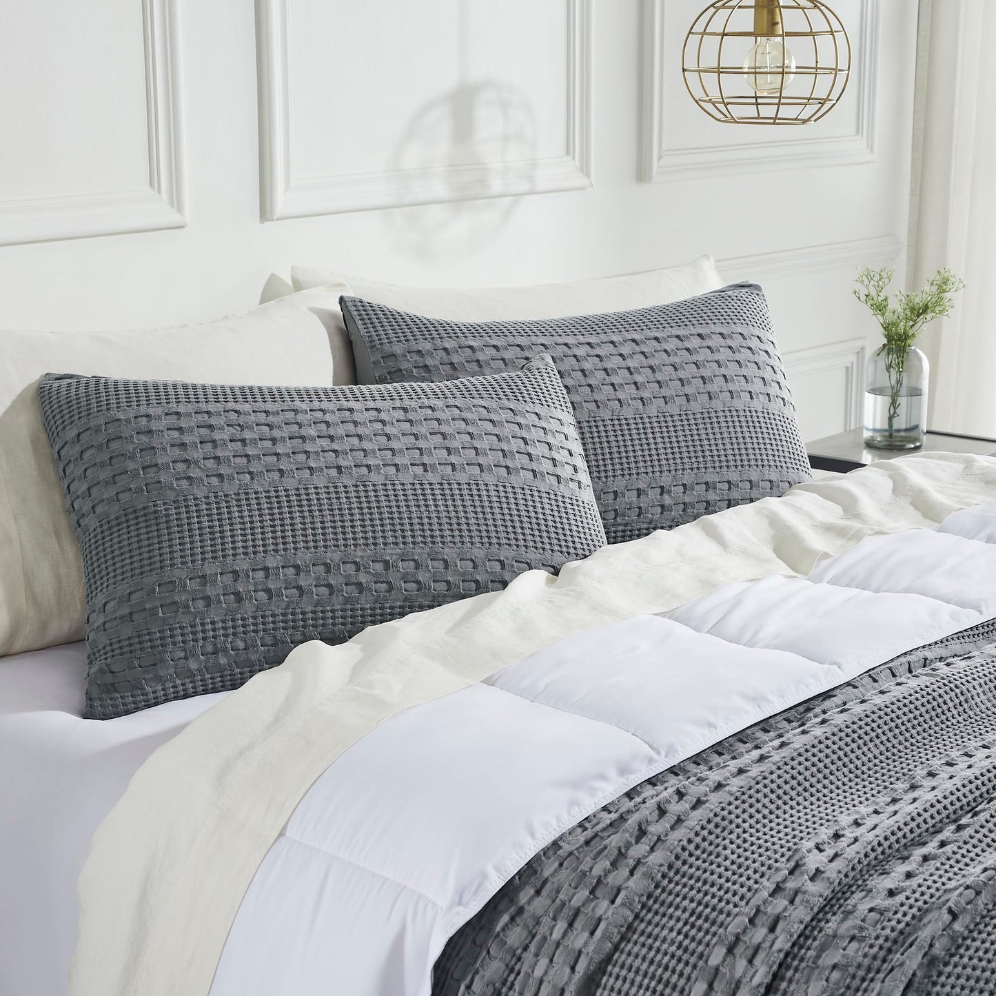 VHC Brands 100% Cotton Waffle Weave Dark Gray Queen Size Sham Set of 2 20x30, Decorative Throw Pillow Covers/Shams, Boho Farmhouse Bedroom Decor