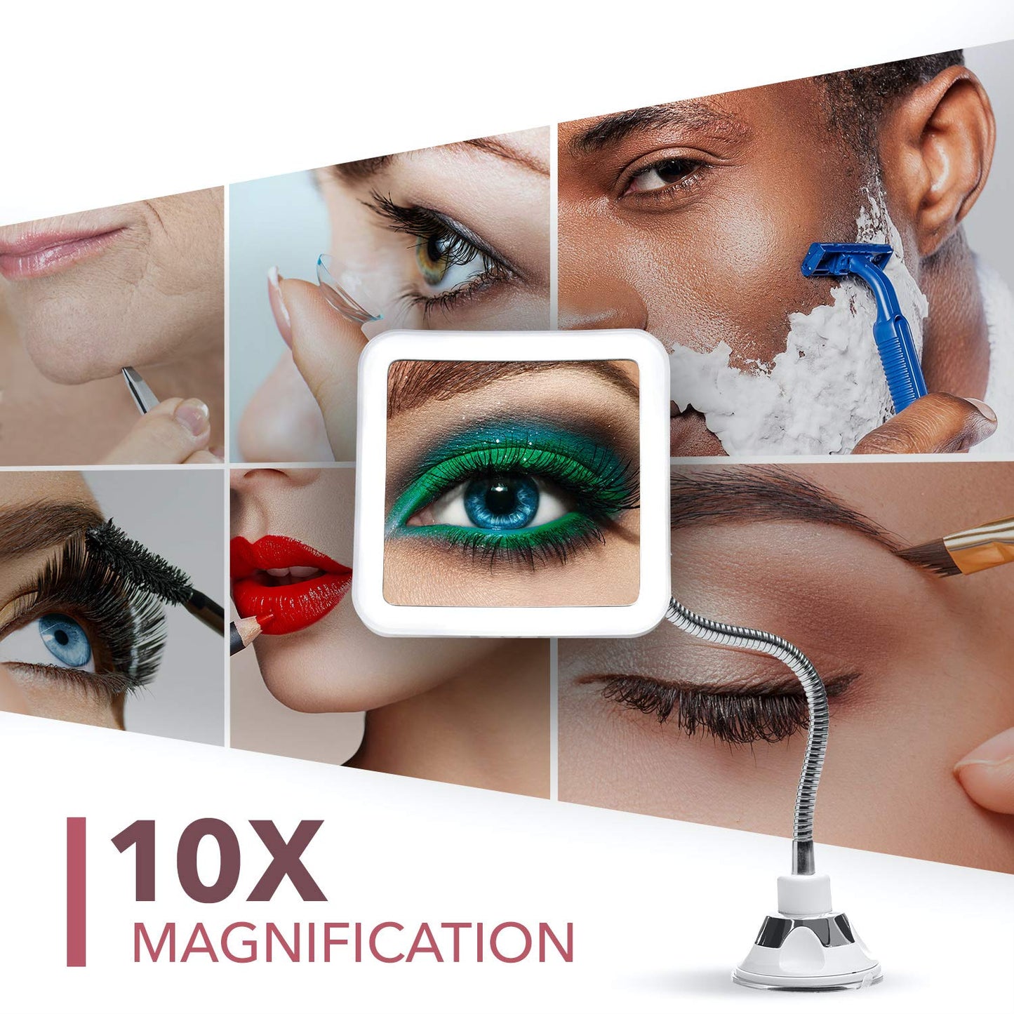 Fancii Flexible Magnifying Mirror 10X with LED Light and Gooseneck, Lighted Travel Makeup Mirror, Lock Suction, Natural Daylight LED, Cordless