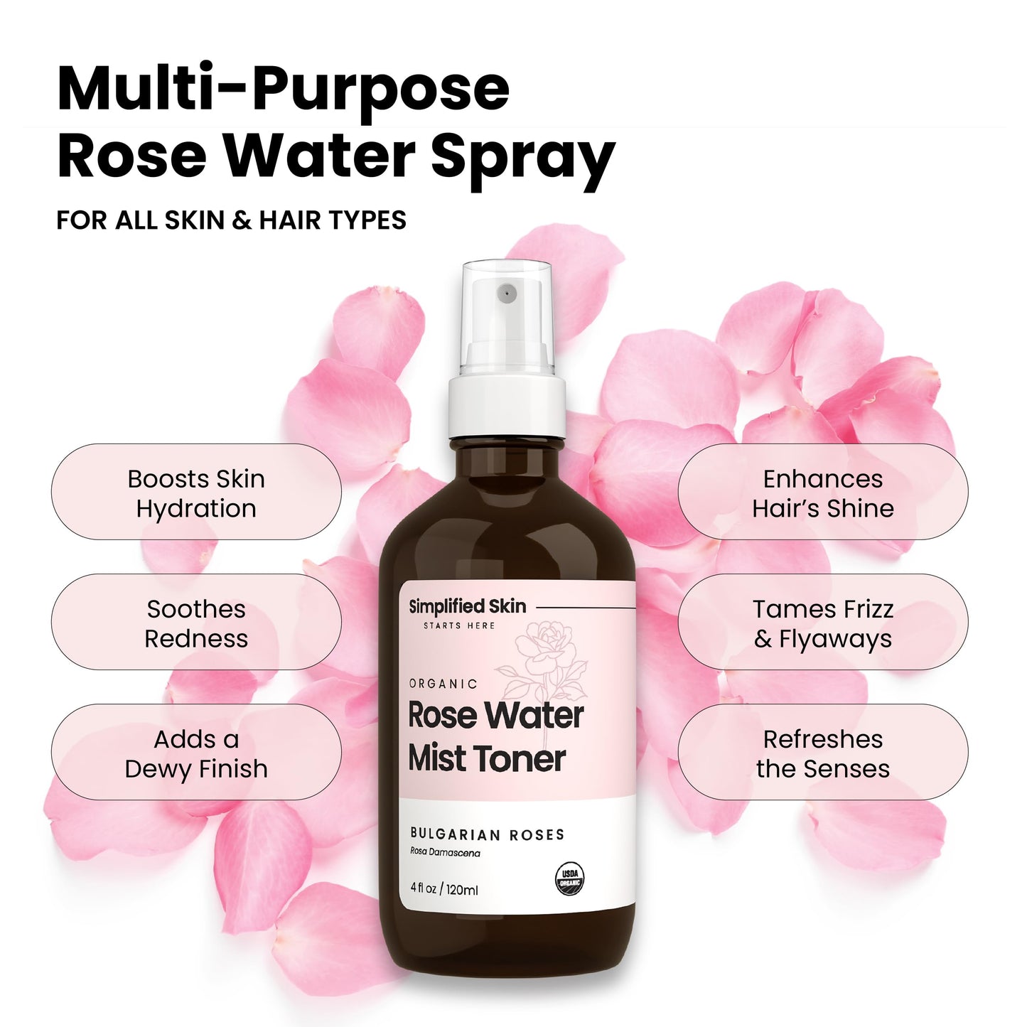 Rose Water Spray for Face & Hair - Pure USDA Organic Rosewater Toner - Refreshing Mist for Skin Care, Makeup & Locs - Natural Rose Scent, 4 Oz Beauty and Personal Care Simplified Skin