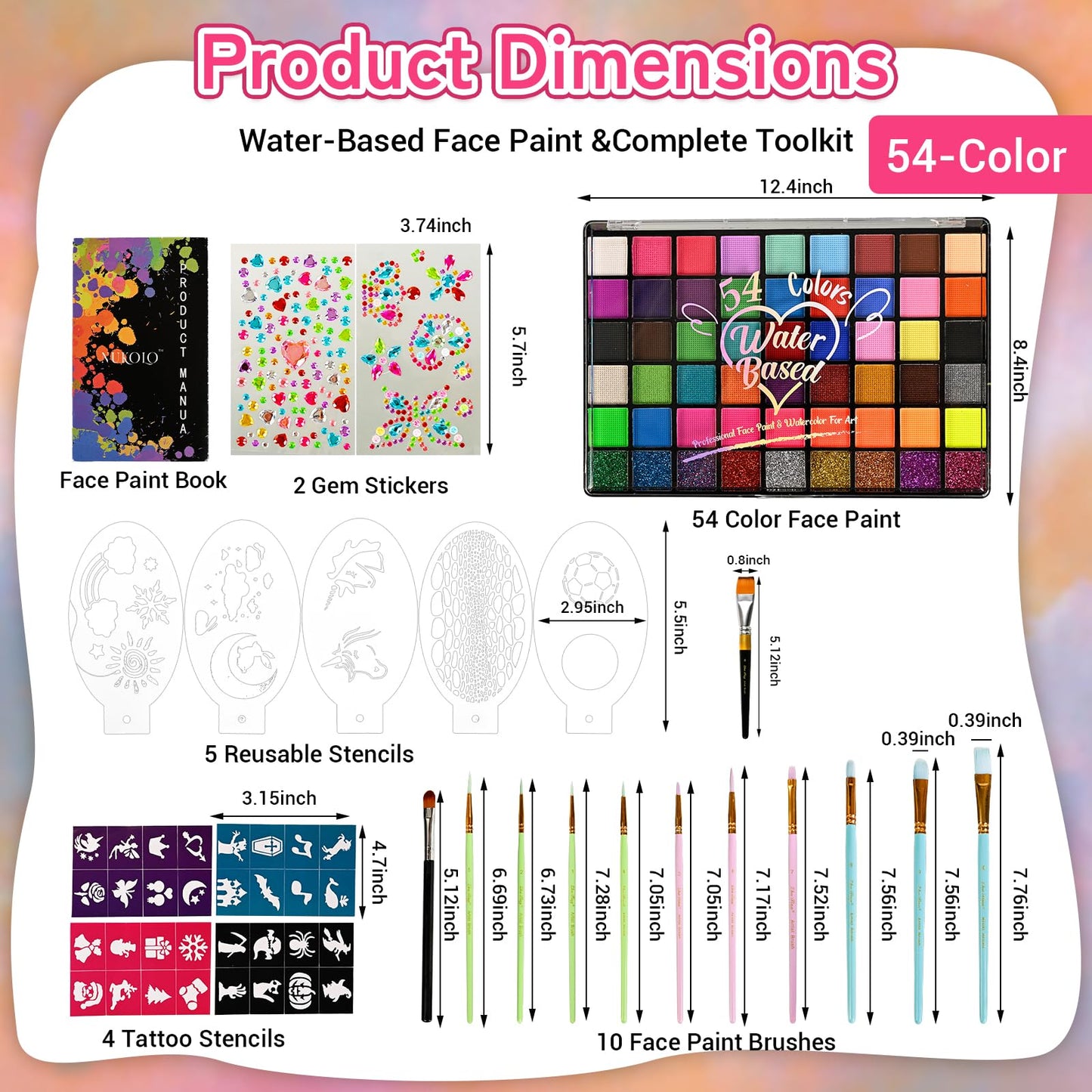 Ruihangda 54 Colors Face Painting Kit for Kids, Non Toxic Water Based Face Body Paint with Brushes, Stencils, Sponges, Gem Stickers, Washable Makeup