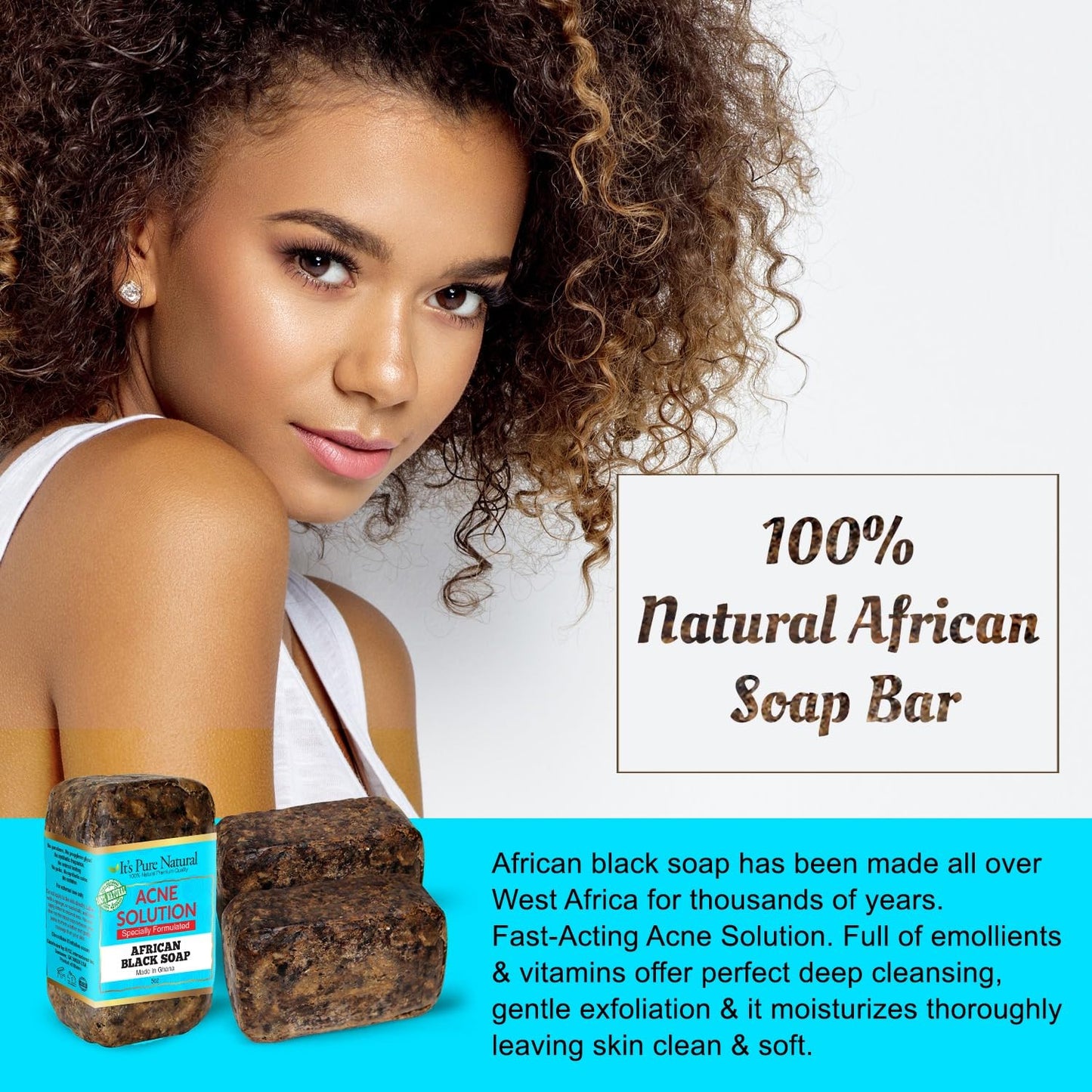 It's Pure Natural African Black Soap Bars with Acne Solution (Pack of 3) Organic Raw Soap for Face & Body, Acne Treatment & Dark Spot Remover [Made in