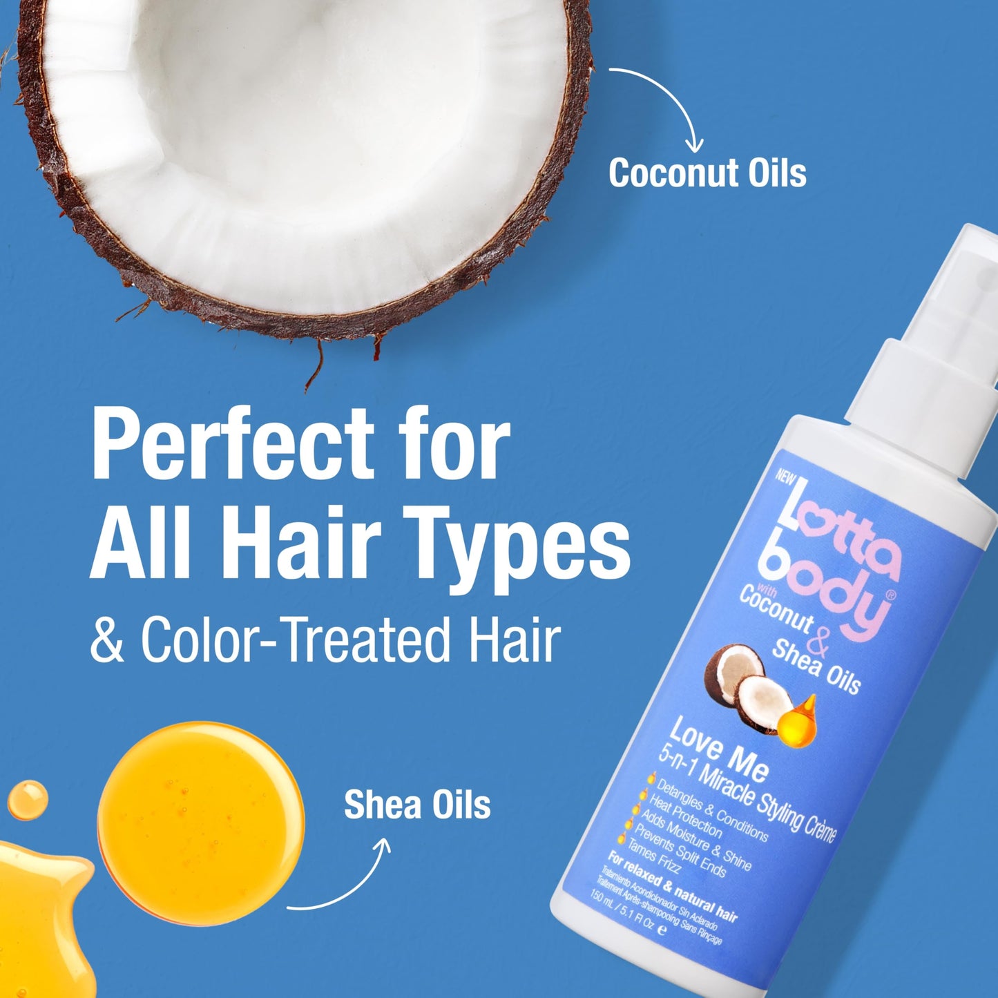 Lottabody Love Me 5-n-1 Leave-In Treatment with Coconut & Shea Oils, Lightweight, All-In-One, Leave-In Spray for Detangling Heat Protection Moisture