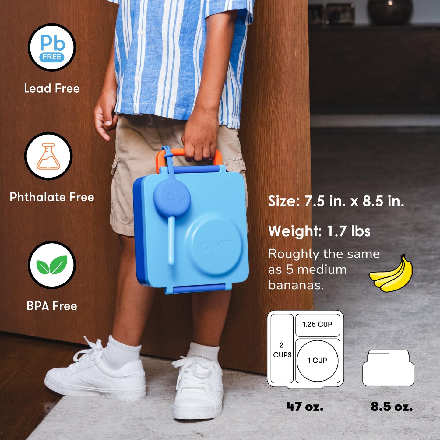 OmieBox Bento Box for Kids - Insulated Bento Lunch Box with Leak Proof Vacuum Insulated Food Jar - 3 Compartments, Two Temperature Zones (Blue Sky)