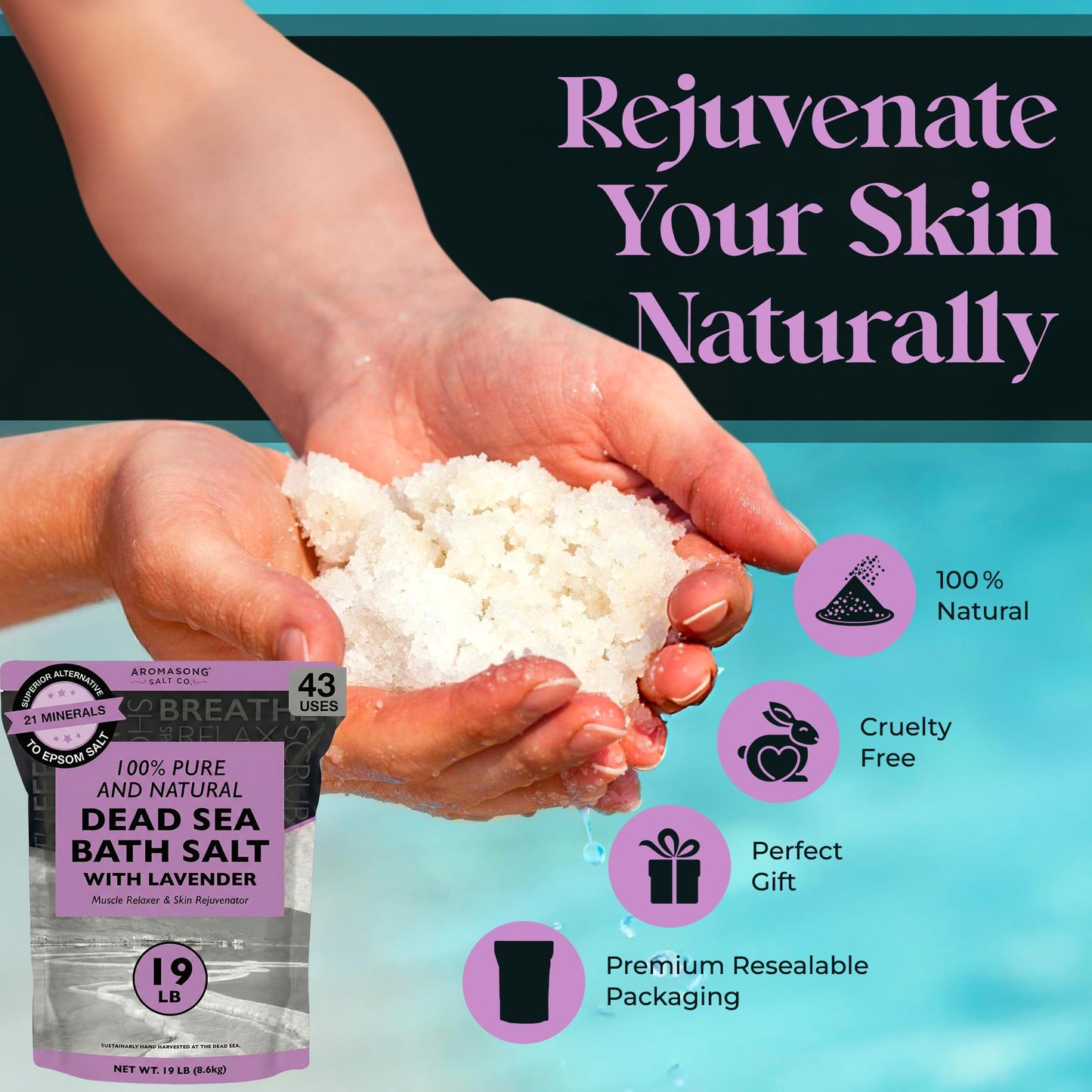 Aromasong Pure Dead Sea Salt for Soaking with 100% Natural Lavender, 19 LB - Spa Bath Salt Fine Grain - Body Wash Scrub - Soak for Women & Men- Bulk