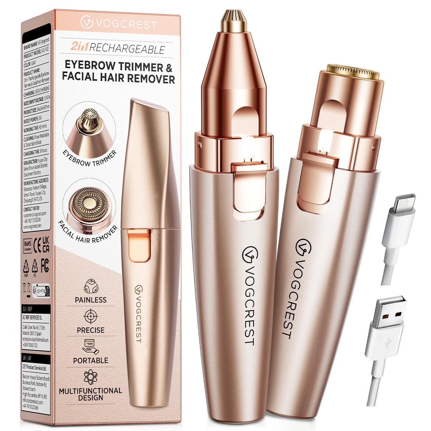 VG VOGCREST Eyebrow & Facial Trimmer: 2 in1 Rechargeable Facial Hair Removal & Eyebrow Shaver - Body Razor with Built-in LED Light (Rose Gold) Beauty and Personal Care VG VOGCREST