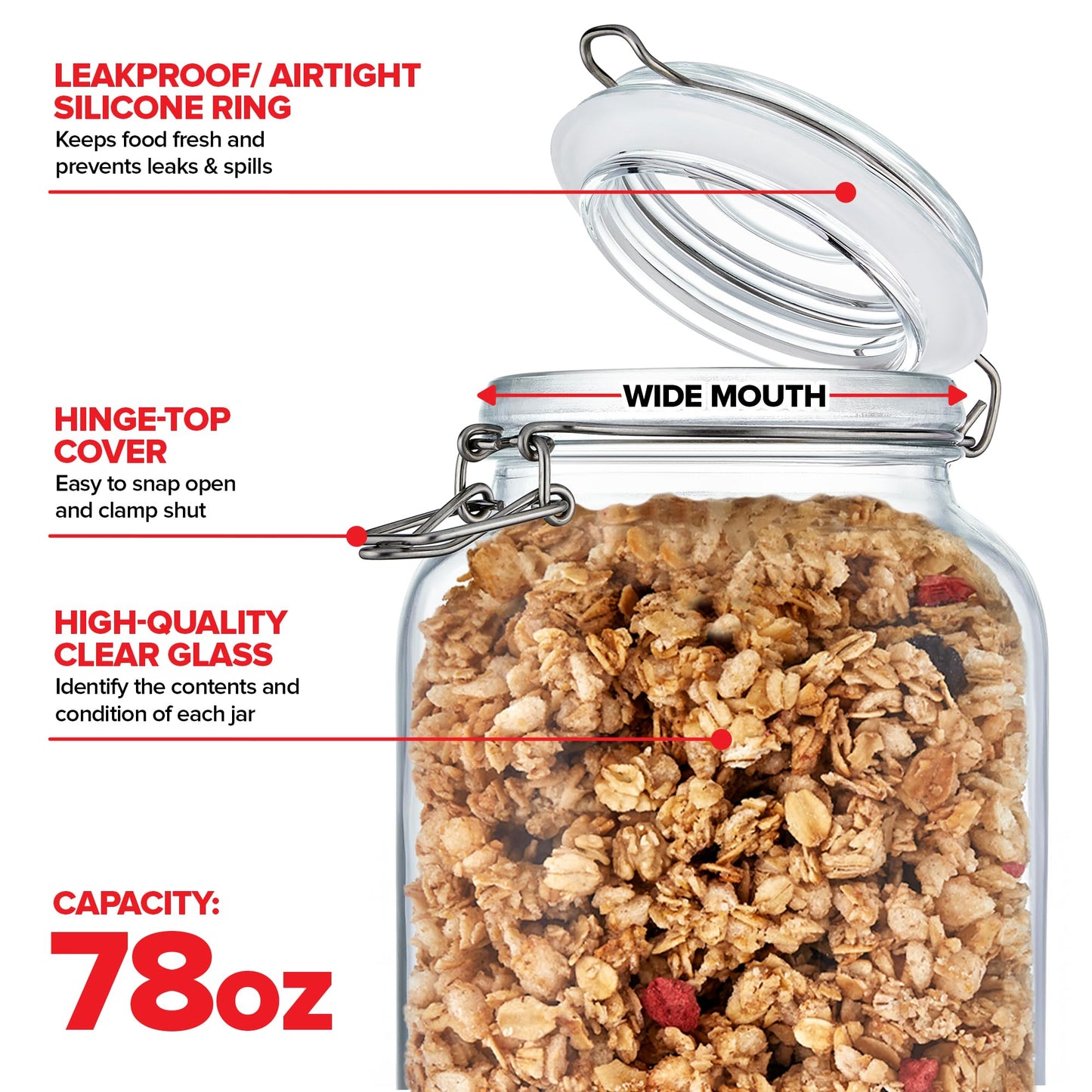 Stock Your Home 78 oz Large Glass Storage Containers With Airtight Clamp Lids, Set of 3 Hinge-Top Food Storage Mason Jars for Pantries, Sealed Glass…