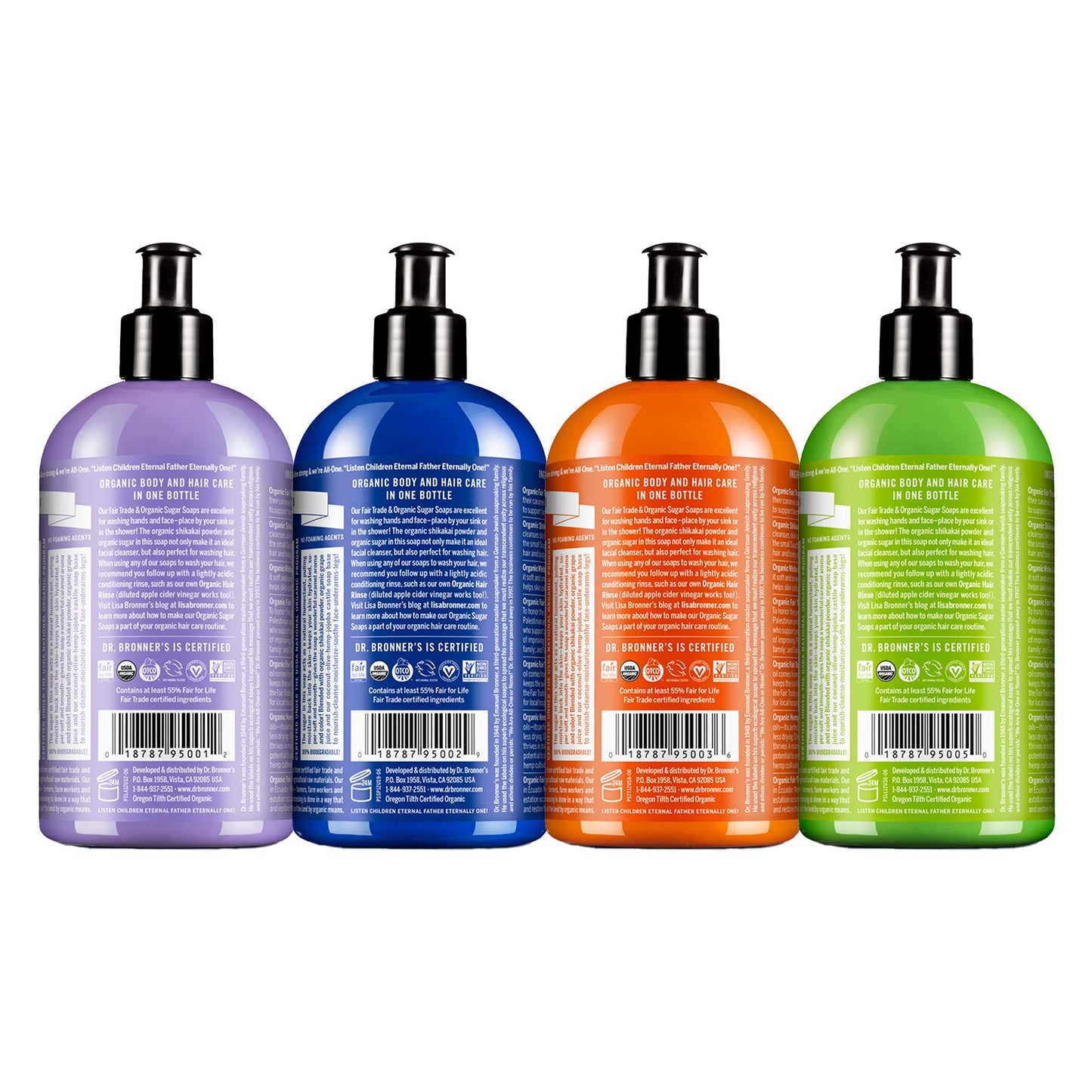 Dr. Bronner's - Organic Sugar Soap (12 oz Variety Pack) Lavender, Peppermint, Tea Tree, & Lemongrass - Made with Organic Oils, Sugar & Shikakai