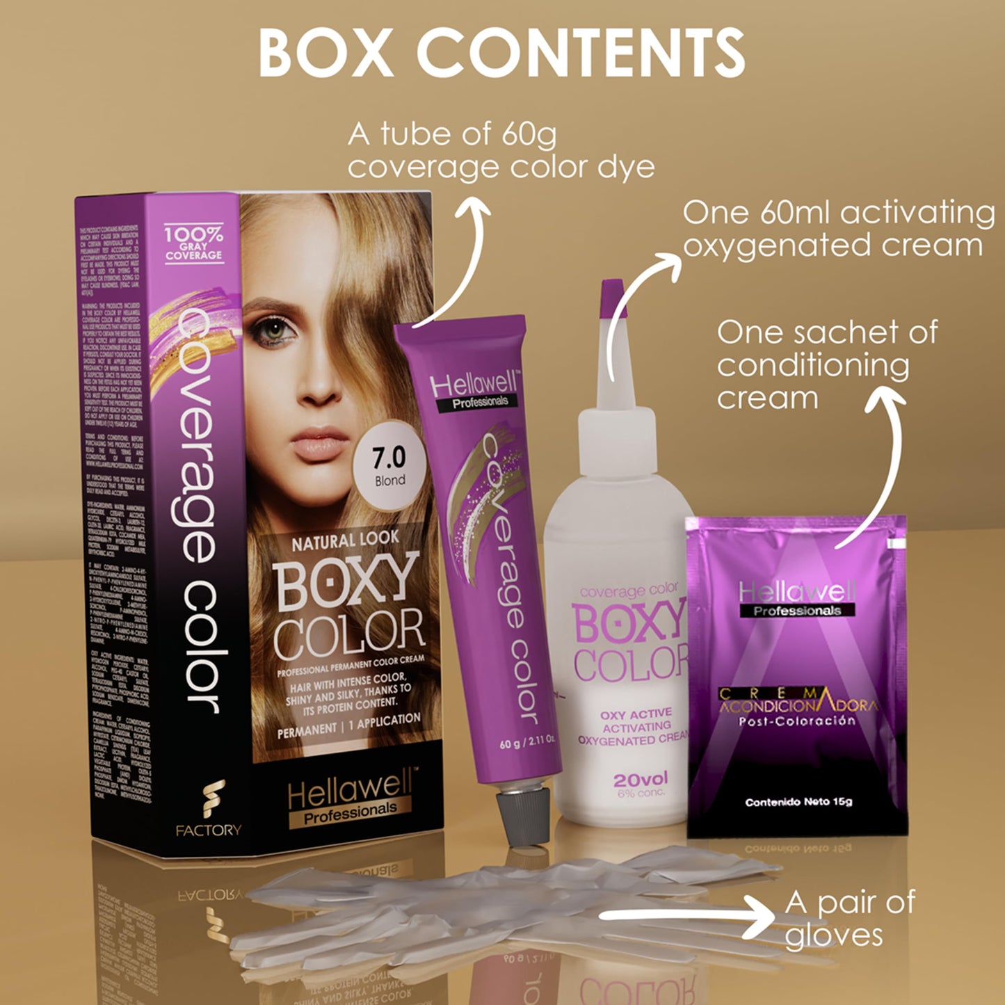 BOXY COLOR Coloring kit professional, permanent color cream hair dye with Vegetal Protein to get Hair with intense color shiny and silky. 100% Gray