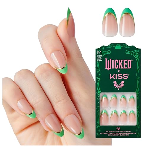 WICKED X KISS Press On Nails Almond, ‘Thrillifying!’, Green, Medium, Waterproof, Chip Proof, Smudge Proof, 28 Fake Nails, Pink Gel Nail Glue (2g) Beauty & Personal Care KISS