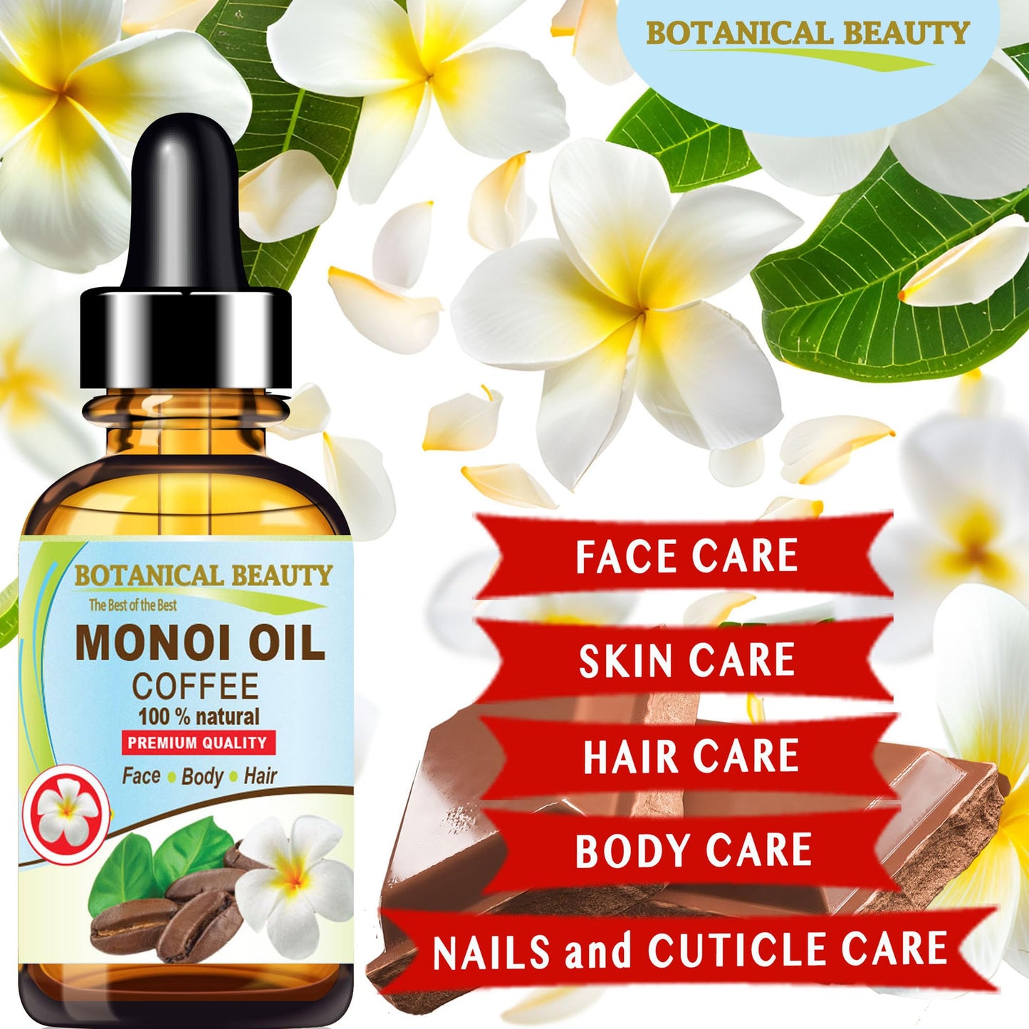 Botanical Beauty MONOI OIL COFFEE. Frangipani flowers in Coconut Oil with Coffee aroma. 100% Natural Pure for FACE, SKIN, BODY, HAIR, NAILS. Luxury