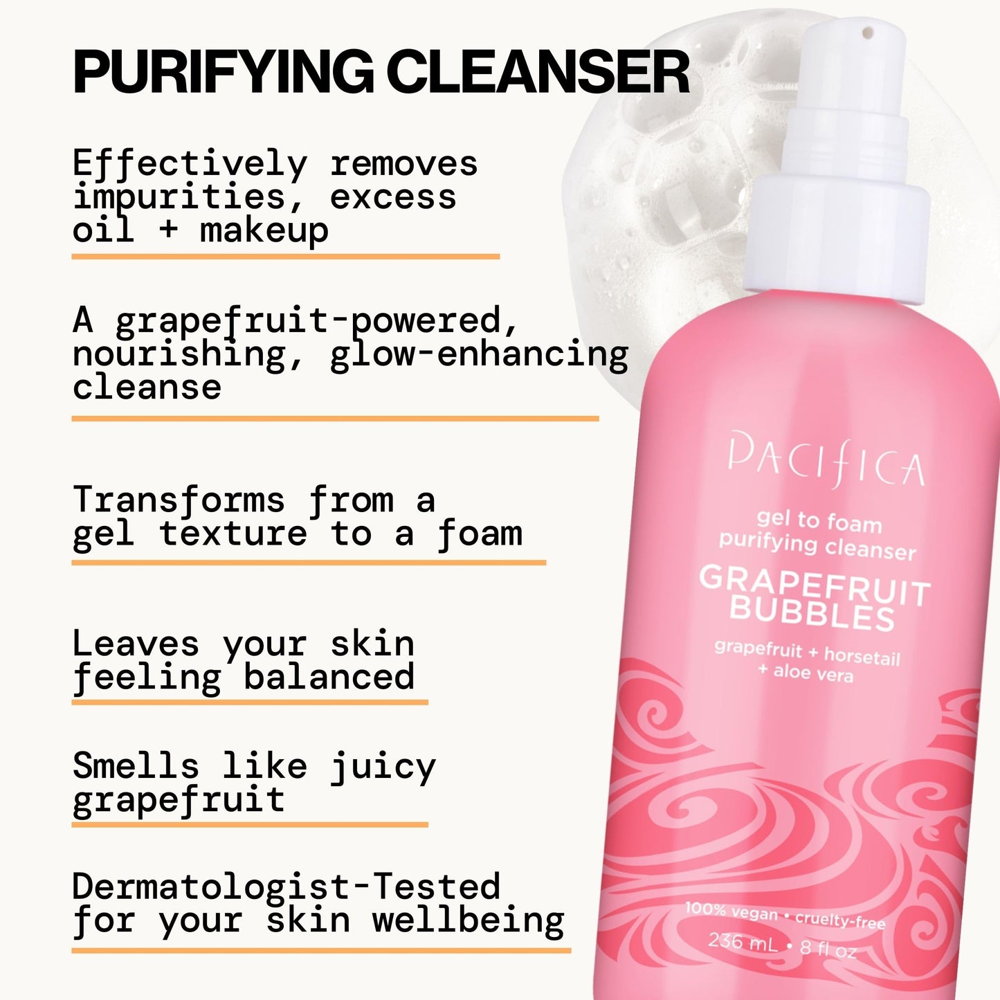 Pacifica Grapefruit Bubbles Gel-to-Foam Cleanser - Gentle Face Wash for Oily & Combination Skin, Helps Remove Excess Oil & Impurities, Helps Brighten