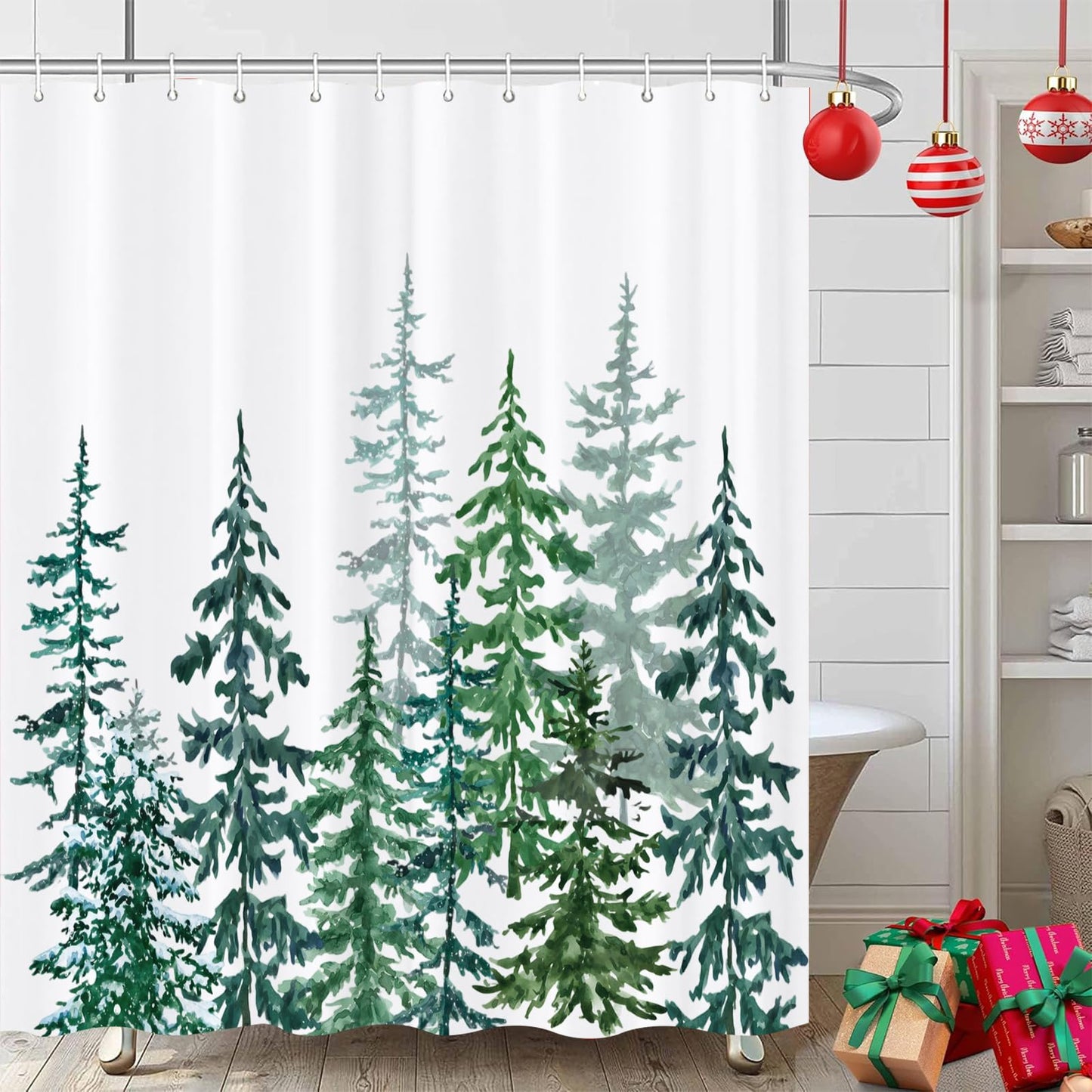 JOOCAR Christmas Shower Curtain Green Tree White Snow Landscape Waterproof Fabric Shower Curtains for Bathroom Farmhouse Rustic Modern Bath Curtain…