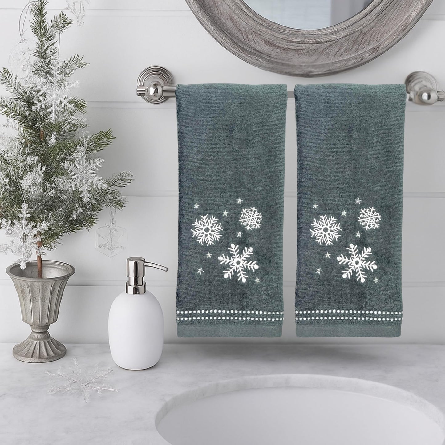 Serafina Home Christmas Hand Bathroom Towels, Set of 2, Embroidered Snowflakes and Stars, Dark Grey Velour Terry Cotton 16" x 25", Winter Holiday…