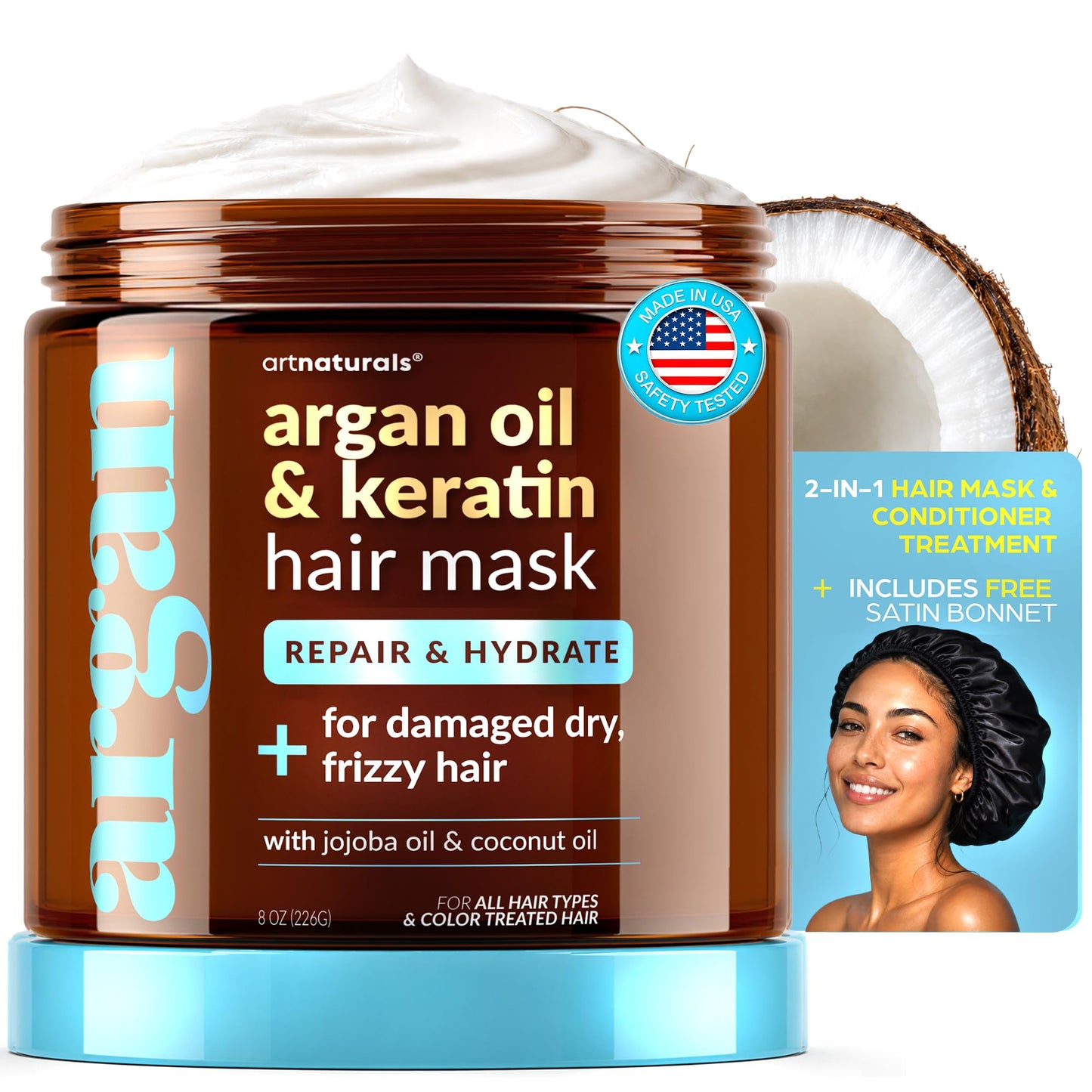 Hair Mask + Silk Bonnet for Sleeping Women Set - Conditioner & Leave-In Conditioner for Damaged Hair - Argan Oil, Jojoba, Aloe & Keratin Bonnet Beauty and Personal Care Artnaturals Default Title