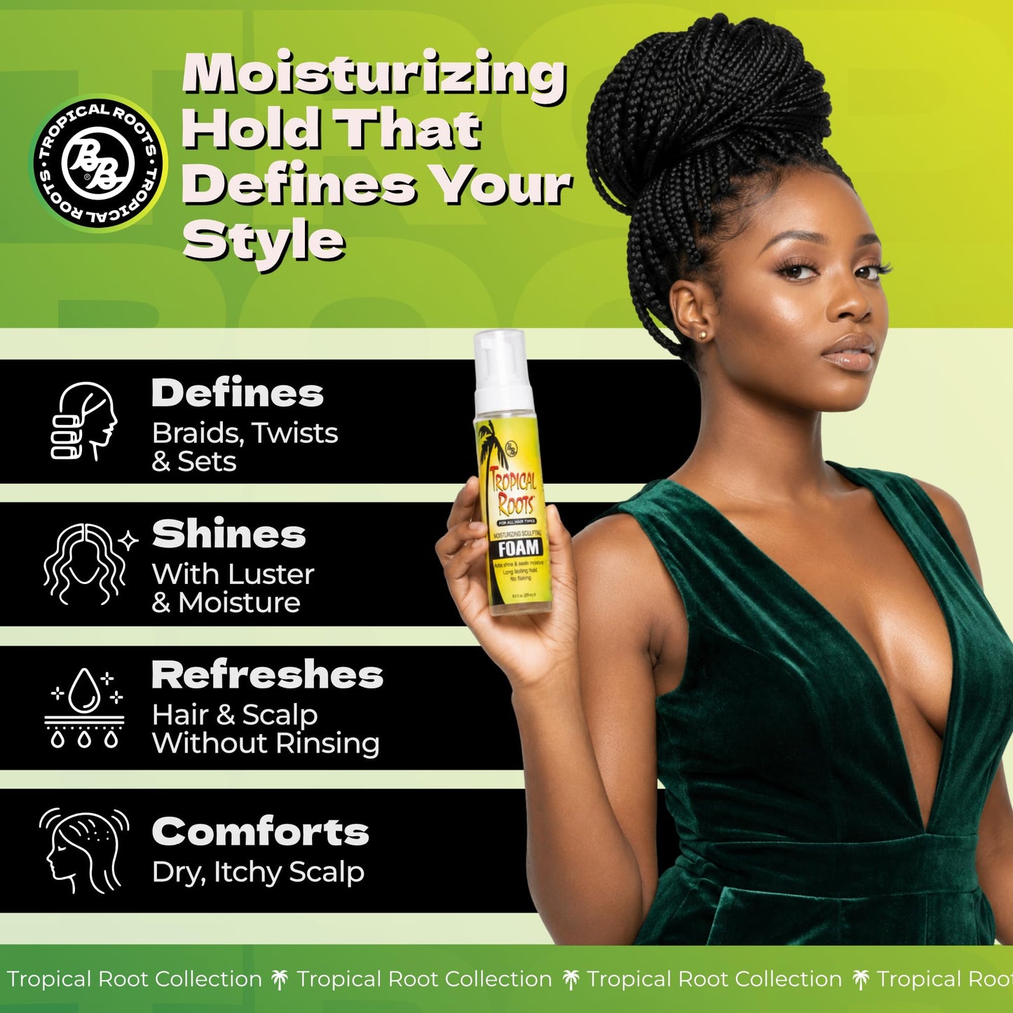 Bronner Bros Tropical Roots Moisturizing Sculpting Foam - Long-Lasting Hair Foam Wrap for Braids, Twists & Sets - Helps Soothe Dry, Itchy Scalp