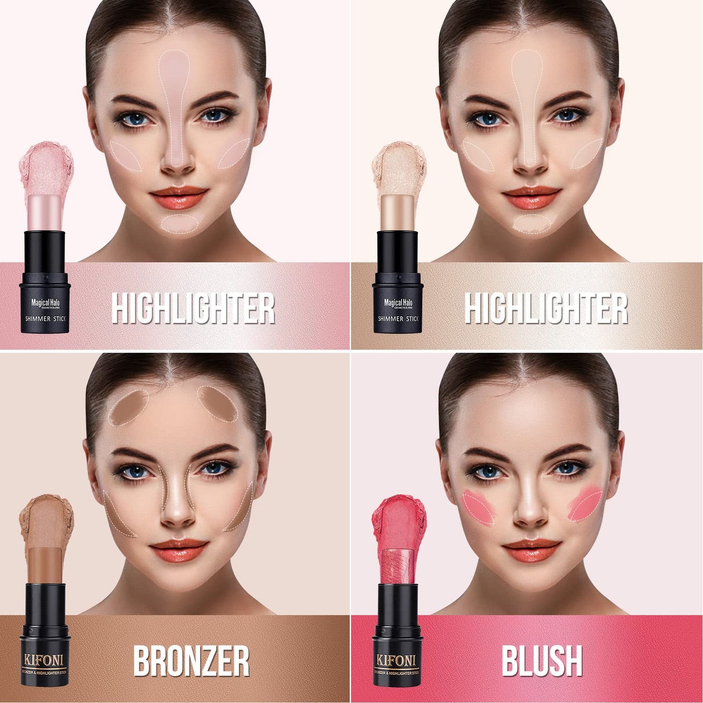 SUMEITANG 4PCS Contour Stick - Highlighter And Cream Blush Stick 4 Colors Kit - Moisturizer, Face Brightens & Shades Pencil, Facial Shaping Makeup