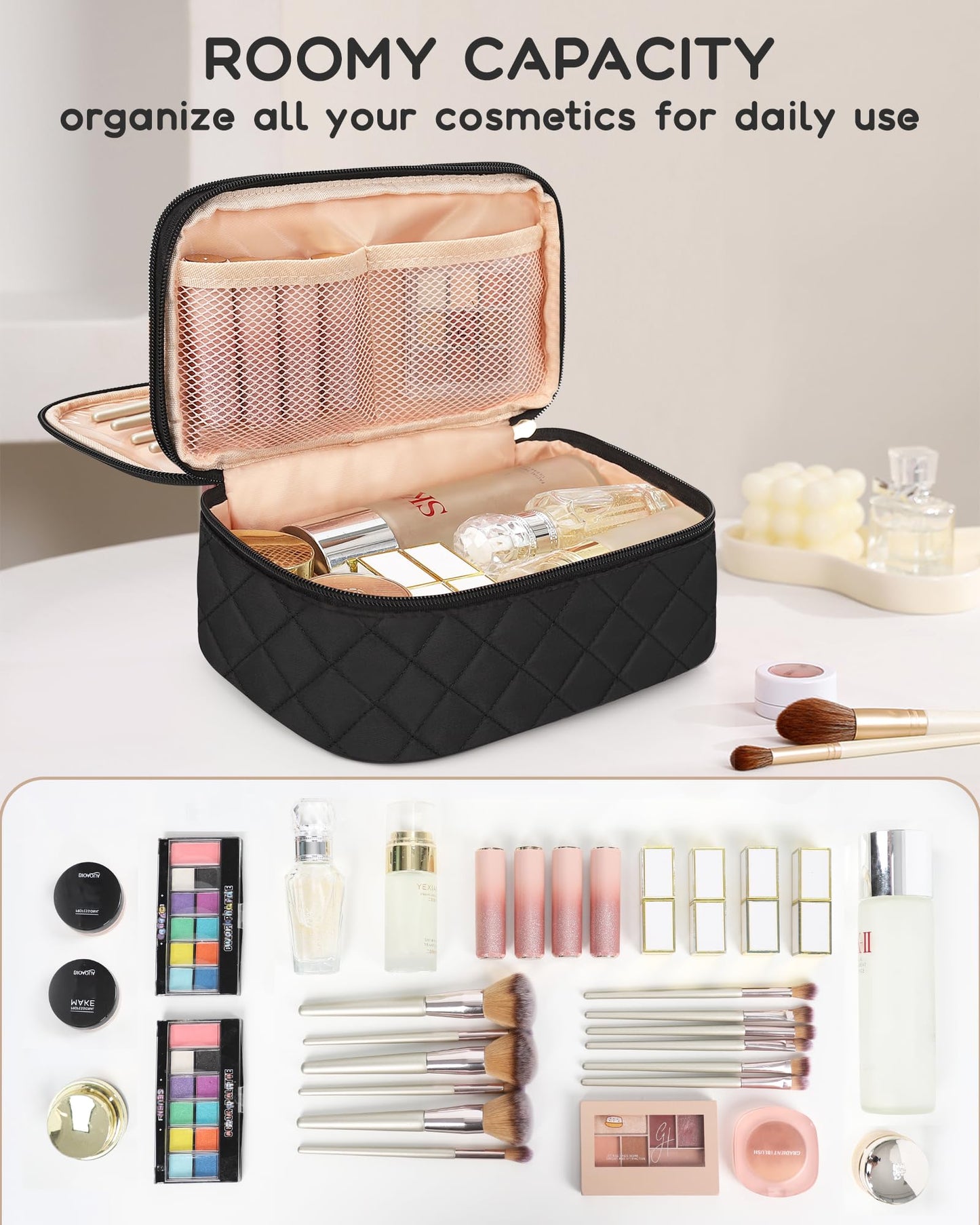 Relavel Travel Makeup Bag, Small Makeup Bag for Women, Makeup Organizer Pouch, Compact Cosmetic Bag, Double-layer Makeup Bag with Brush Holder Beauty and Personal Care Relavel