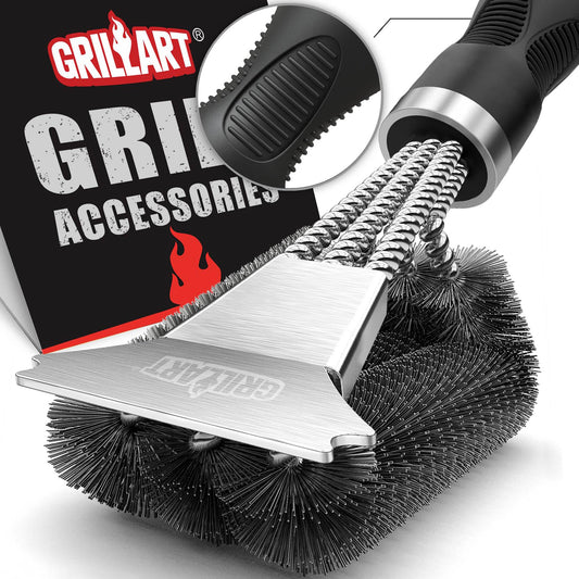 GRILLART Grill Brush & Scraper – Extra Strong BBQ Cleaner with Safe Wire Bristles for Gas & Charcoal Grills, Triple Scrubber BR-8115