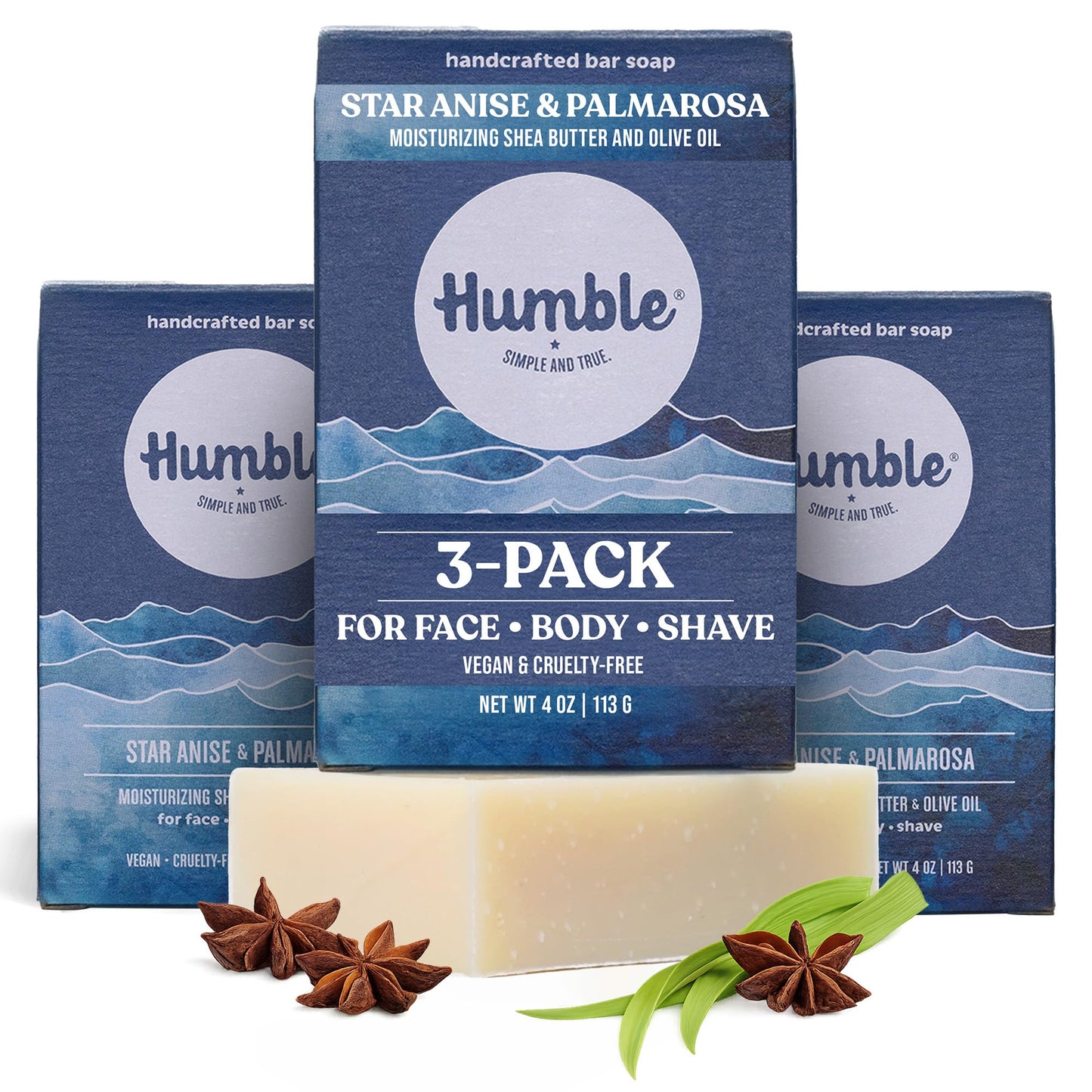 Humble Natural Bar Soap, Star Anise & Palmarosa - Cold Processed Face & Body Soap Bar with Essential Oils - Moisturizing Formula for Long-Lasting