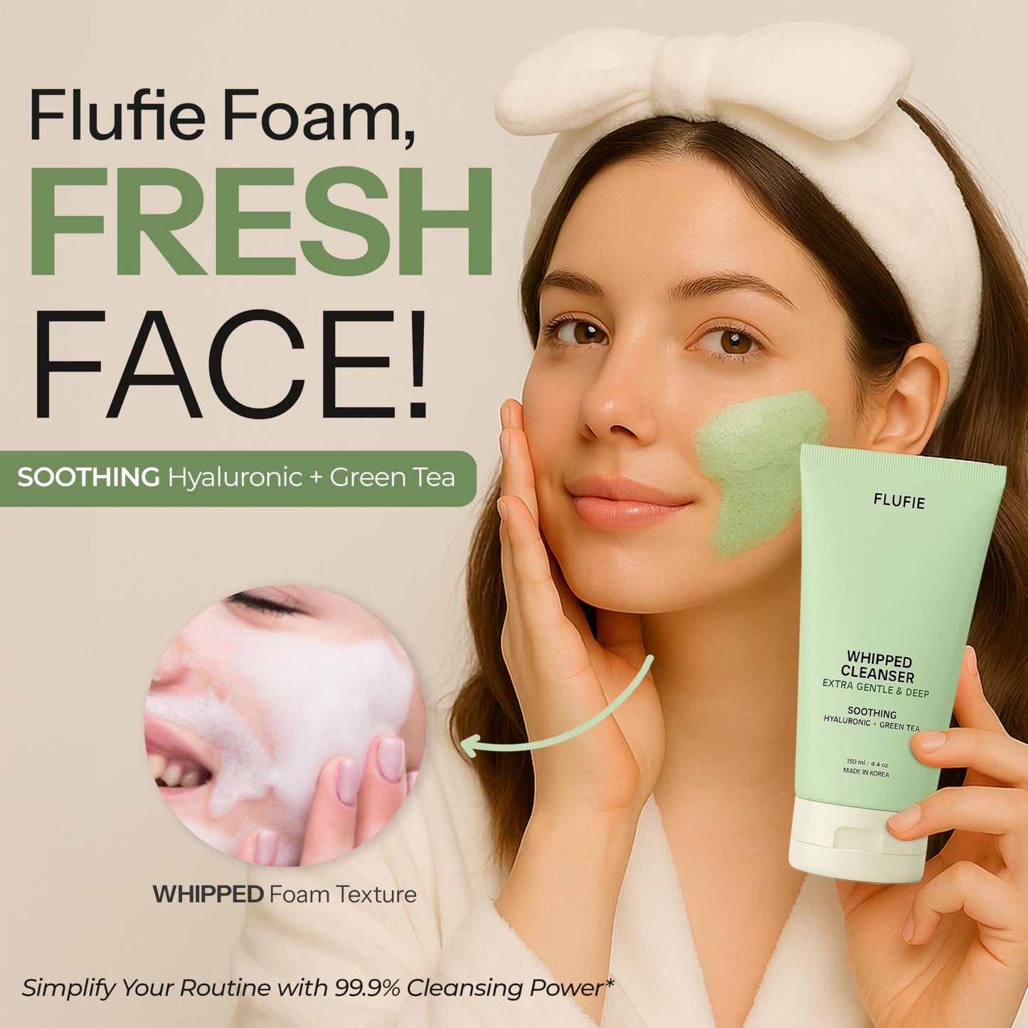 Flufie Whipped Facial Cleanser with Hyaluronic Acid & Green Tea - Deep Hydration & Gentle Pore Care - Dermatologist Tested, Anti-Aging, Korean Skin
