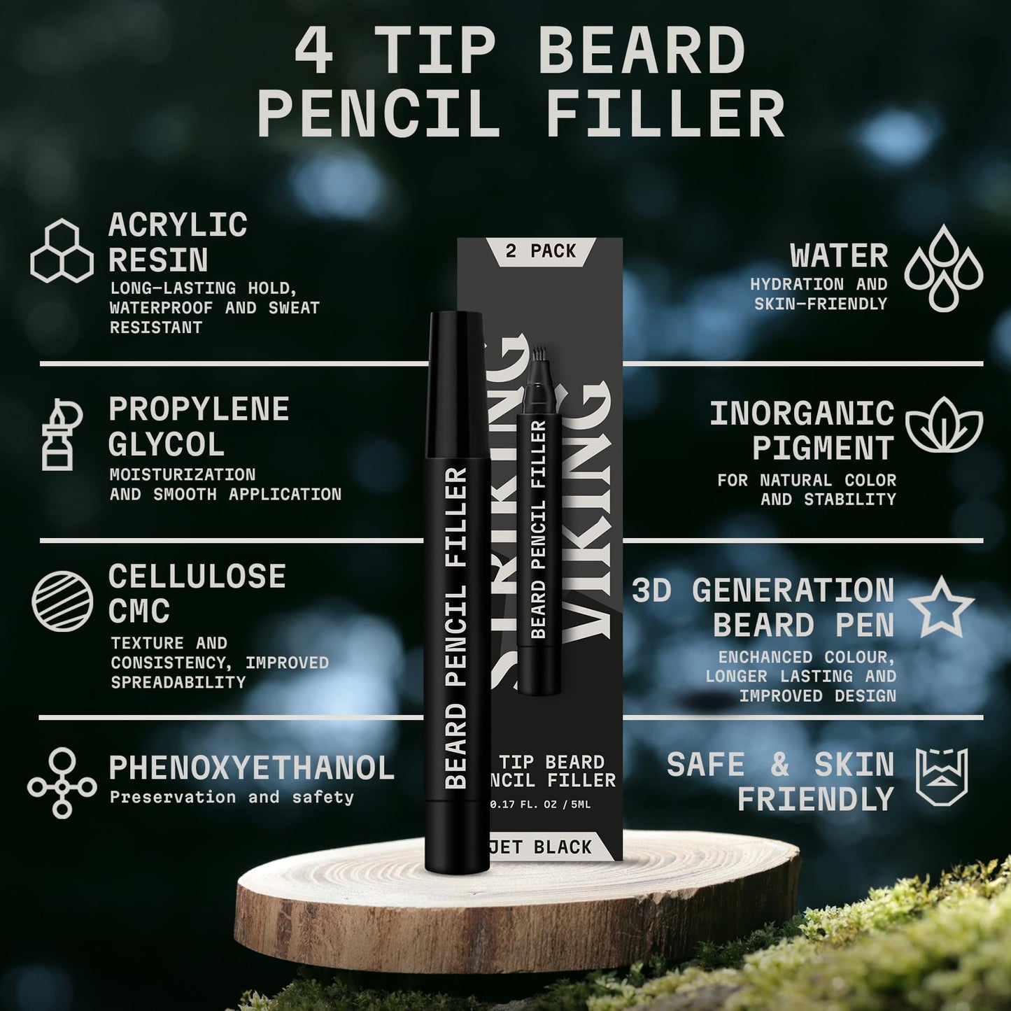 Striking Viking Beard Pencil Filler for Men - Pack of 2, Jet Black - Waterproof Long-Lasting Beard Pen - 4-Pronged Tip for Gap Repair & Barber Pencil