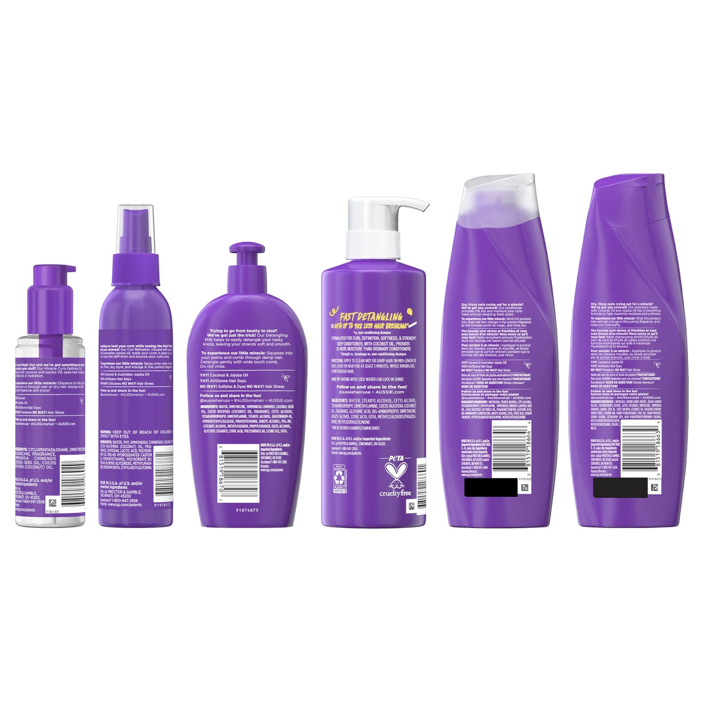 Aussie Miracle Curls Set: Shampoo, Conditioner, Deep Hydration, Spray Gel, Detangling Milk, and Oil Hair Treatment, Curl Oil, Coconut & Jojoba, Frizz Control, 6 Pieces