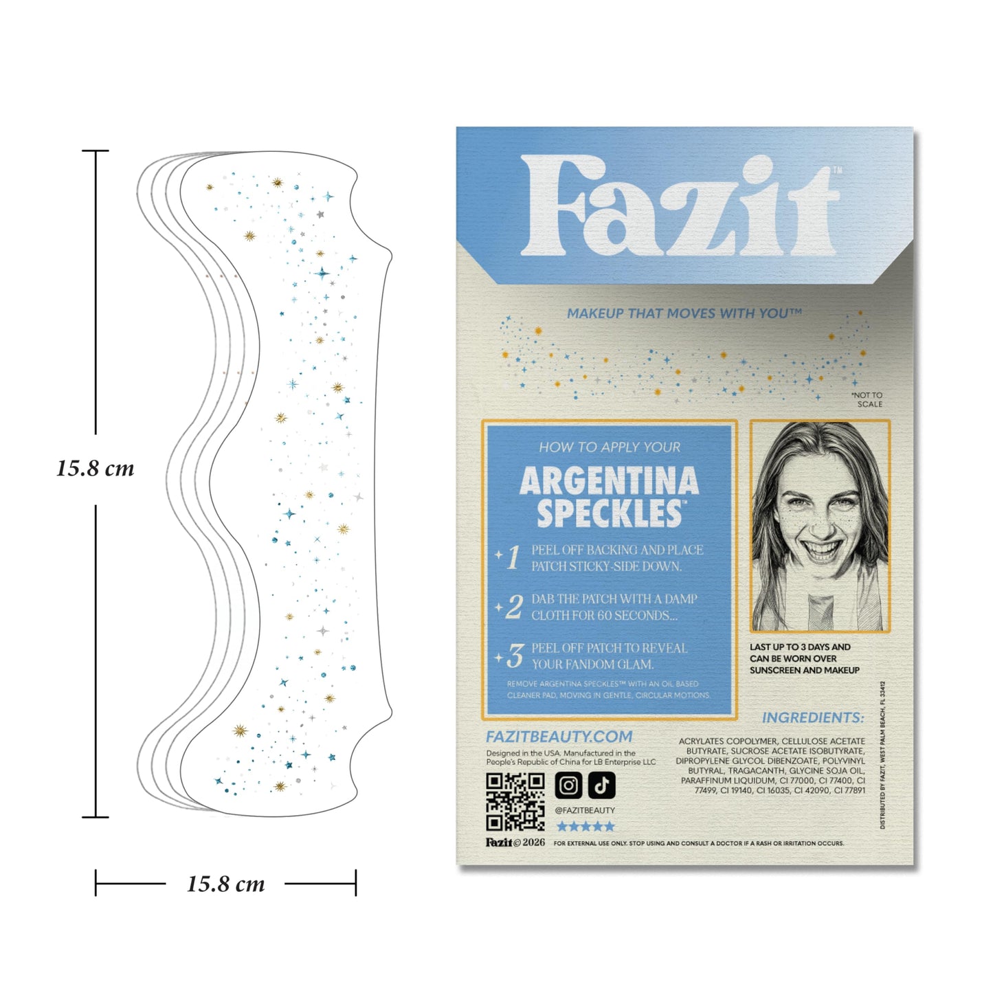 Fazit Argentina Soccer Speckles - Blue, White, and Silver Glitter Makeup Patches - Waterproof & Sweat-proof Face Stickers - Long-Lasting Game Day