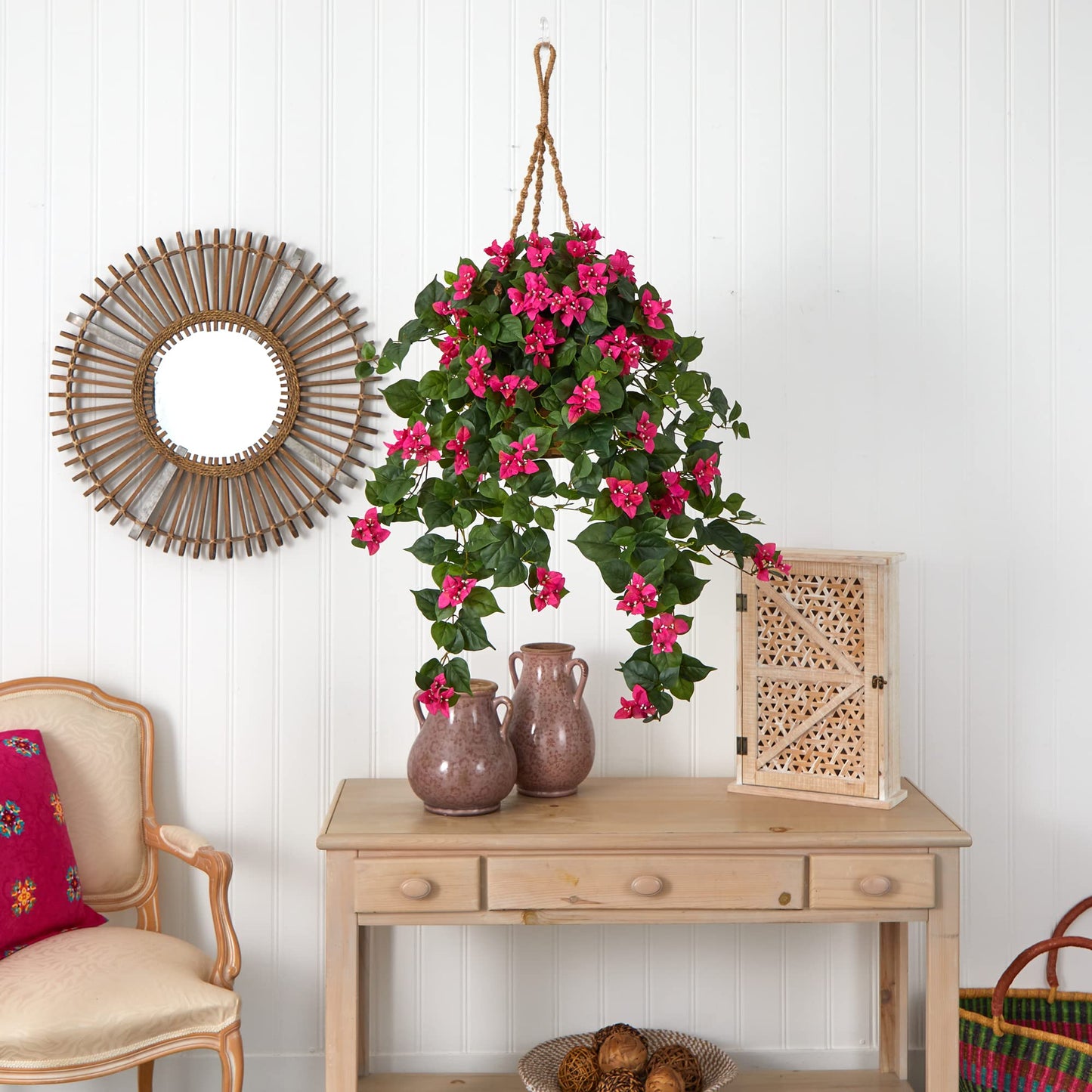 Nearly Natural Bougainvillea Silk Hanging Basket, Green/Pink