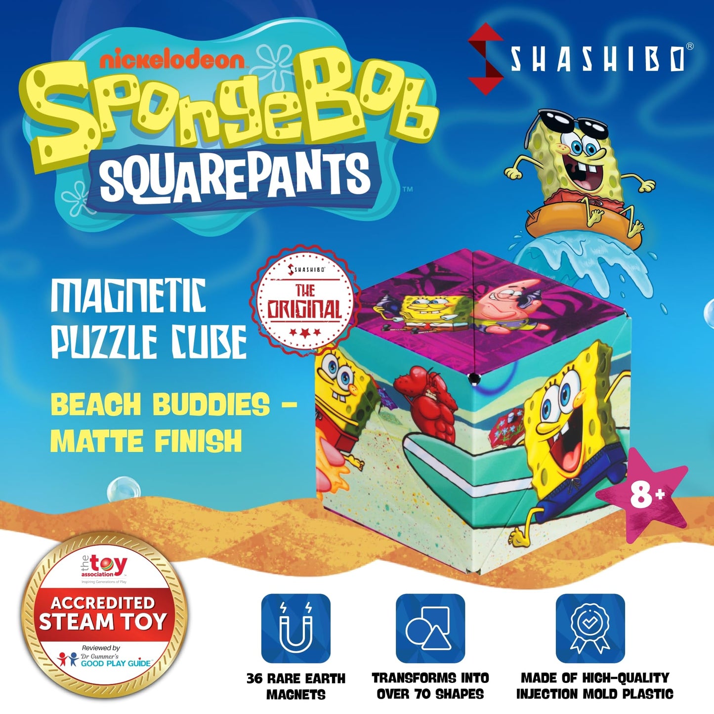 SHASHIBO SpongeBob SquarePants Shape Shifting Box – STEM Magnetic Fidget Cube, Transforms into 70+ Shapes, Mobile App Compatible (Beach Buddies)