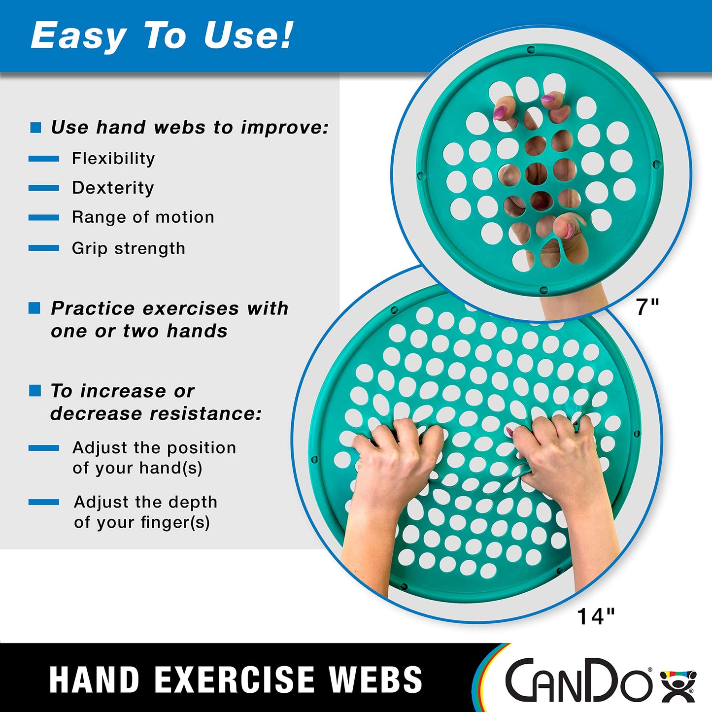 CanDo Hand Exercise Webs for Physical Therapy, Grip Strengthening, and Hand, Finger, Wrist Resistance Workouts, Portable Size, Latex Free, 14"…