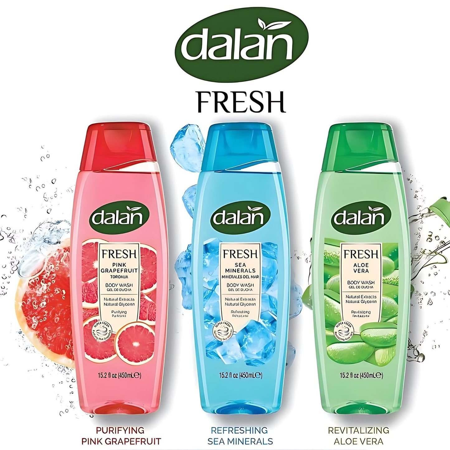 Dalan Natural Extracts Body Wash, with Fresh Pink Grapefruit & Aloe Vera & Sea Minerals, 15.2 fl oz (3 Pack, Sea Minerals) Beauty & Personal Care Dalan