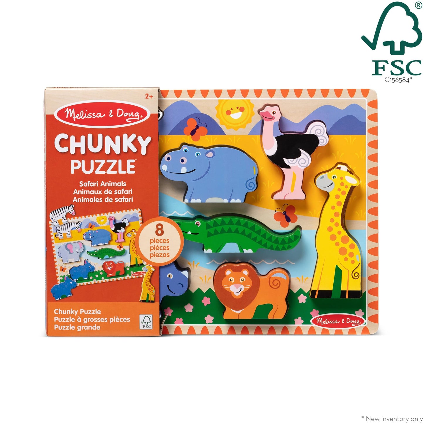 Melissa & Doug Safari Wooden Chunky Puzzle with Wild Animal Theme (8 Pcs) Wooden Puzzles for Toddlers Ages 3+ - FSC Certified