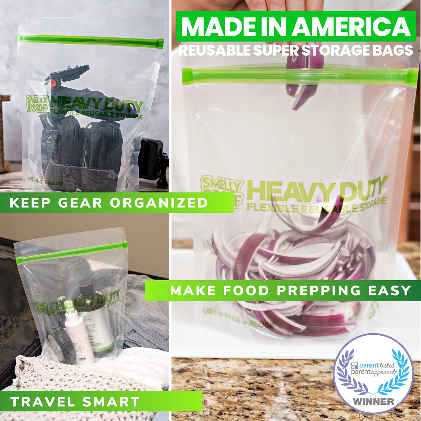 HEAVY DUTY Reusable STAND-UP Bags for Food Storage by Smelly Proof, USA Made, NO PEVA & BPA FREE, Reusable Freezer Bags, Dishwasher-Safe, Triple Zip…