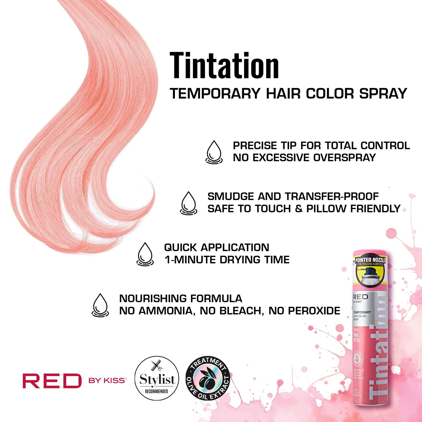 Red by Kiss Tintation Temporary Hair Color Spray 2.82oz, Quick-Dry & Smudge-Proof, Vivid Color Washable Hair Dye, Styling Spray Cosplay Halloween