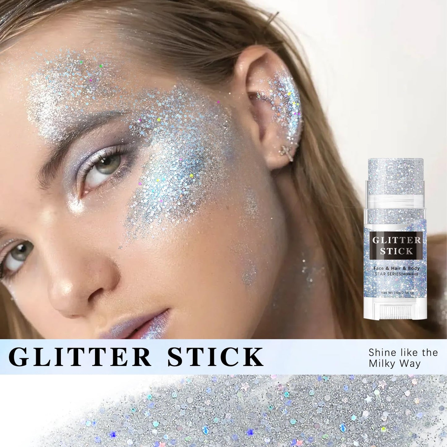 HOSAILY Silver Body Glitter Stick, Sparkling Holographic Sequins Glitter Gel, Body Shimmer Face Paint Glitter for Eye Hair Nail Lip, Chunky Glitter