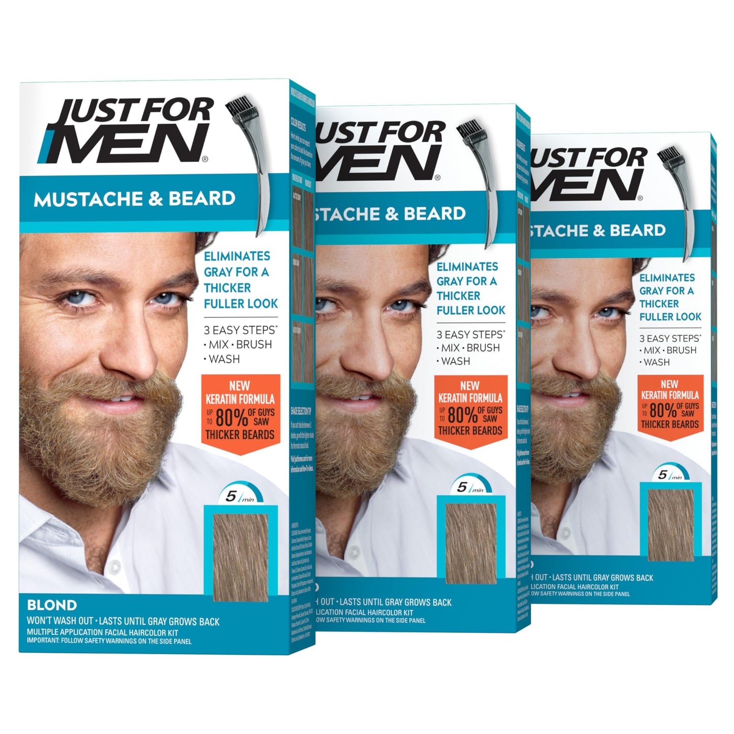 Just For Men Mustache & Beard, Beard Dye for Men with Brush Included, With Keratin Biotin Aloe and Coconut Oil for Healthy Facial Hair - Blond