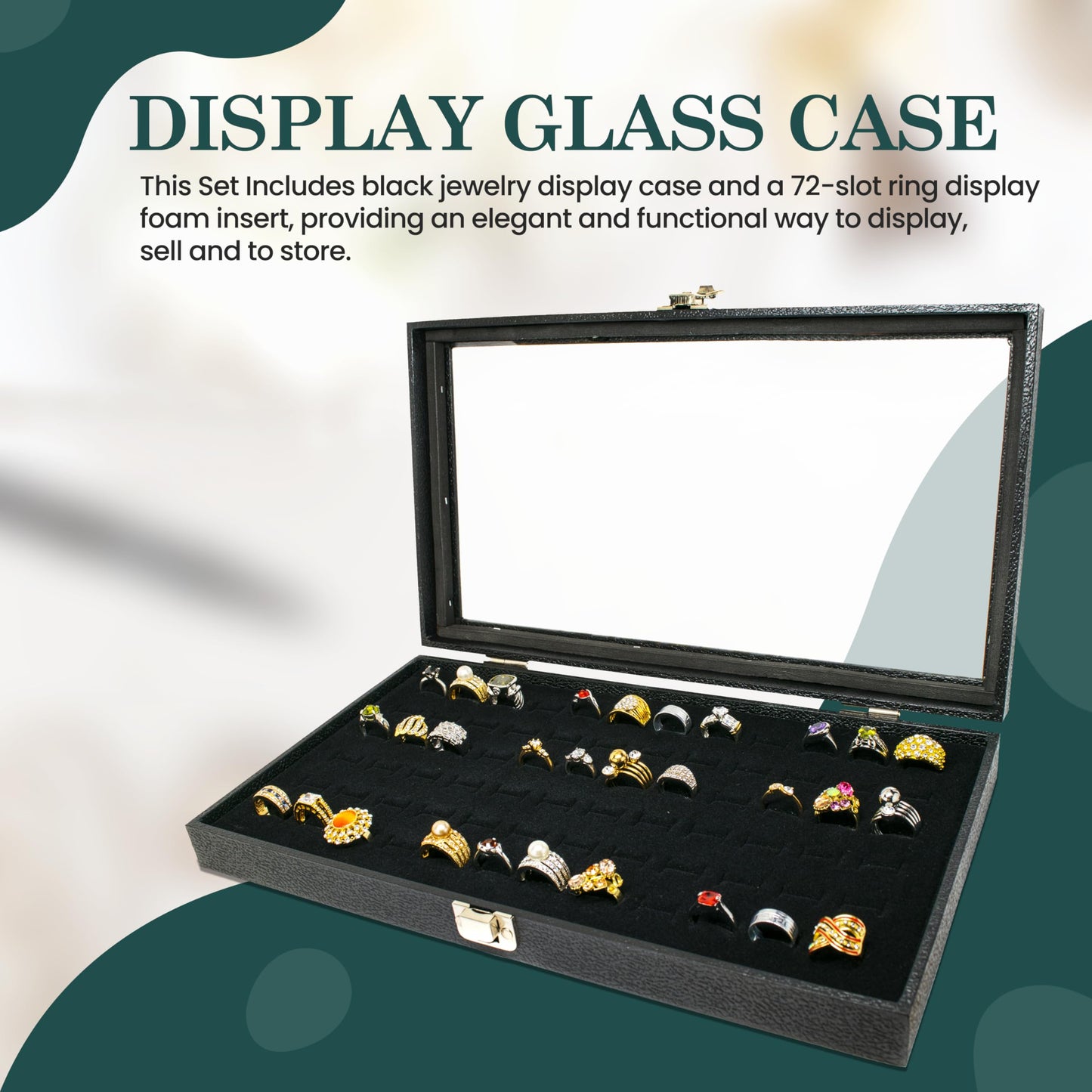 Novel Box Ring Display Glass Case Black 14.75x8.25x2.1 Inches with 72-Slot Black Ring Foam Insert - Travel Ring Case with Metal Clasp - Jewelry Box…